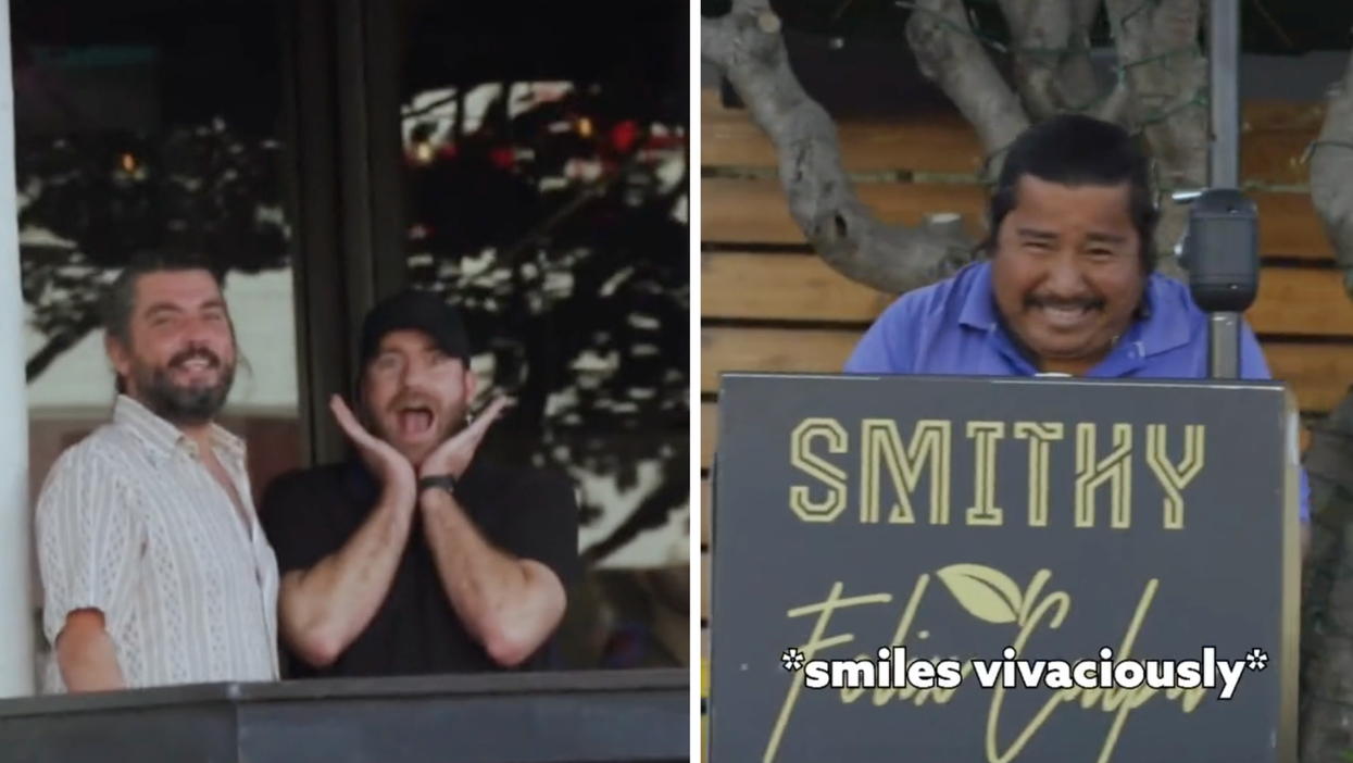 Left, two white men smile at the camera. The one on the right cups his head in his hands and smiles. Right, a Black street seller grins at the camera behind a billboard.