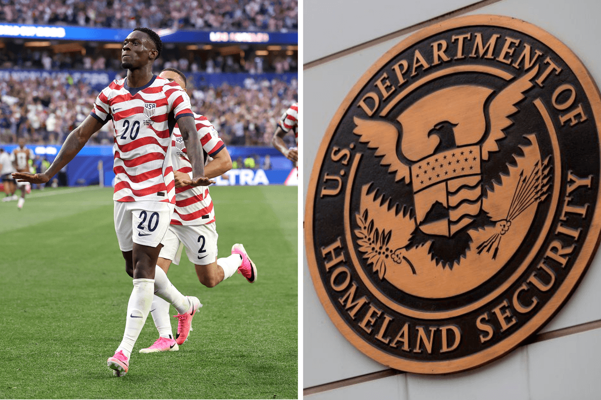 Left, USA striker Folarin Balogun on a football pitch. Right, the golden insignia of the US Department of Homeland Security on a building.