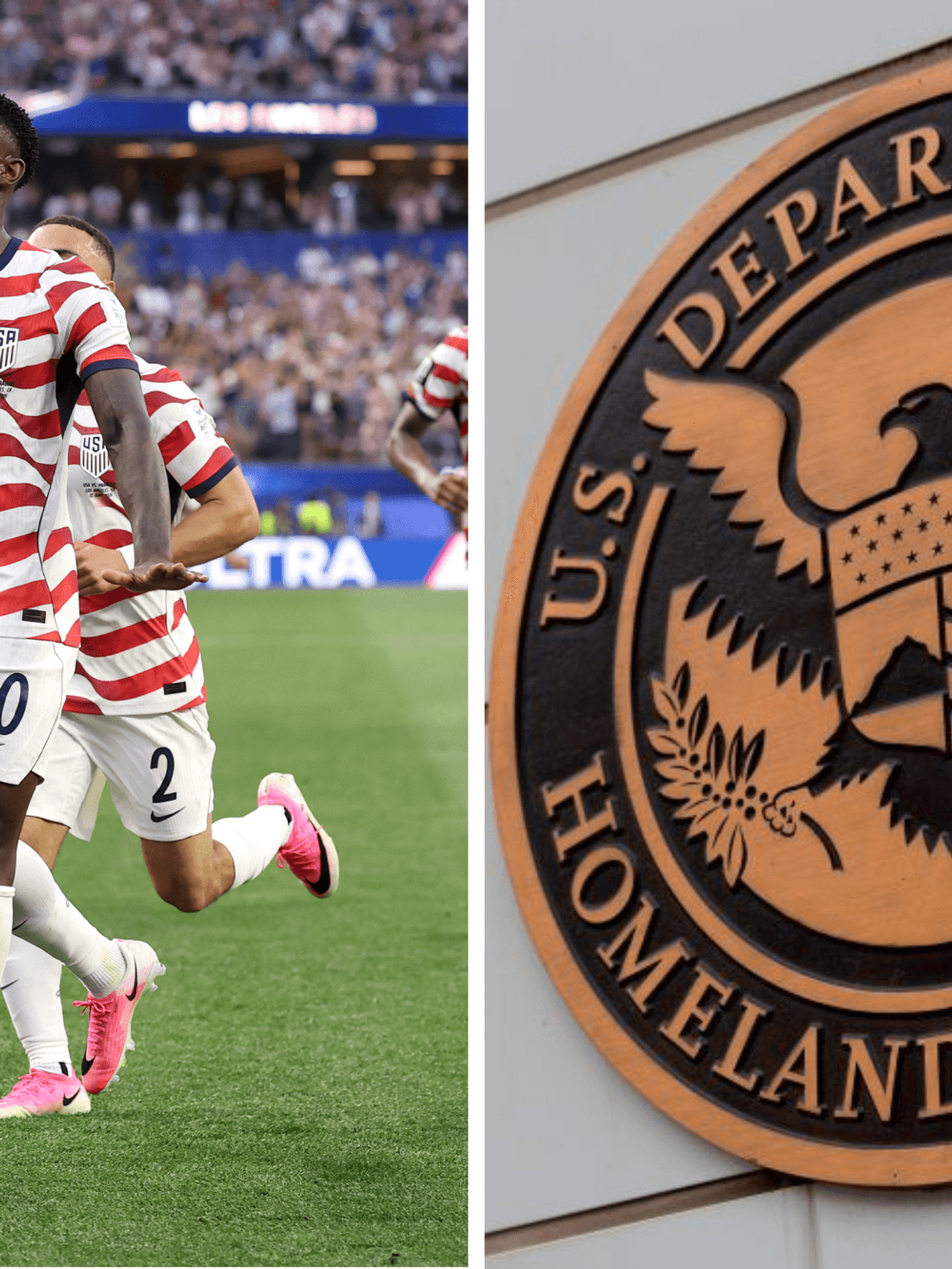 Left, USA striker Folarin Balogun on a football pitch. Right, the golden insignia of the US Department of Homeland Security on a building.