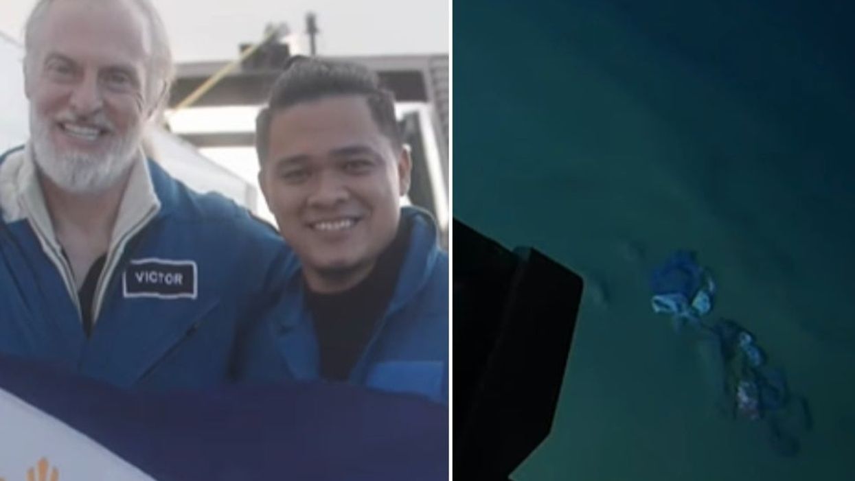 <p>(Left) Victor Vescovo and Dr. Deo Florence Onda (right) the plastic debris found in the Philippine Trench</p>