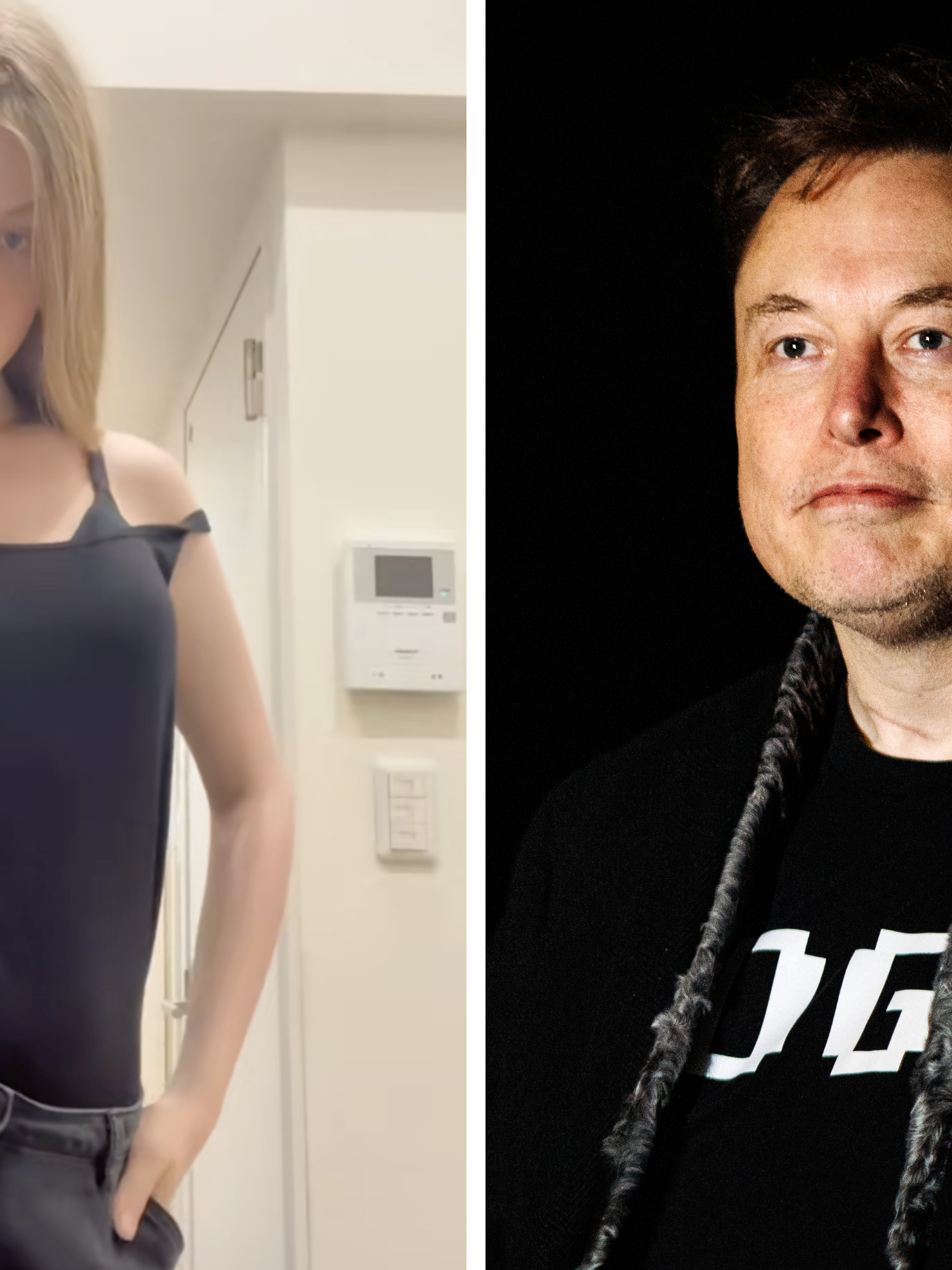 Left, Vivian Jenna Wilson, a white woman with long blonde hair, poses with her hands in her pockets. Right, Elon Musk smiles wearing a black jacket.