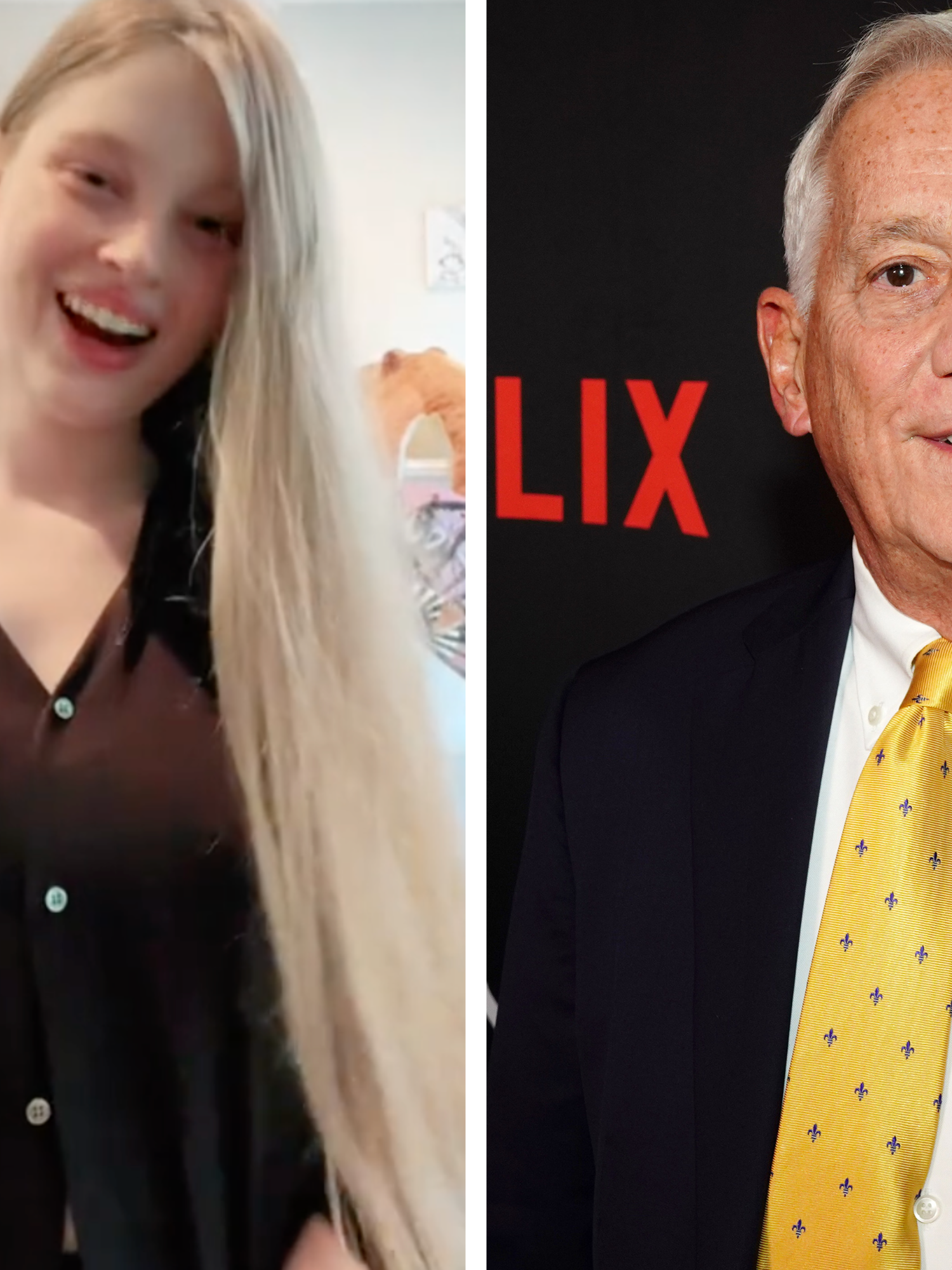 Left, Vivian Jenna Wilson records a TikTok and waves at the camera. Right, Walter Isaacson at a Netflix premiere.