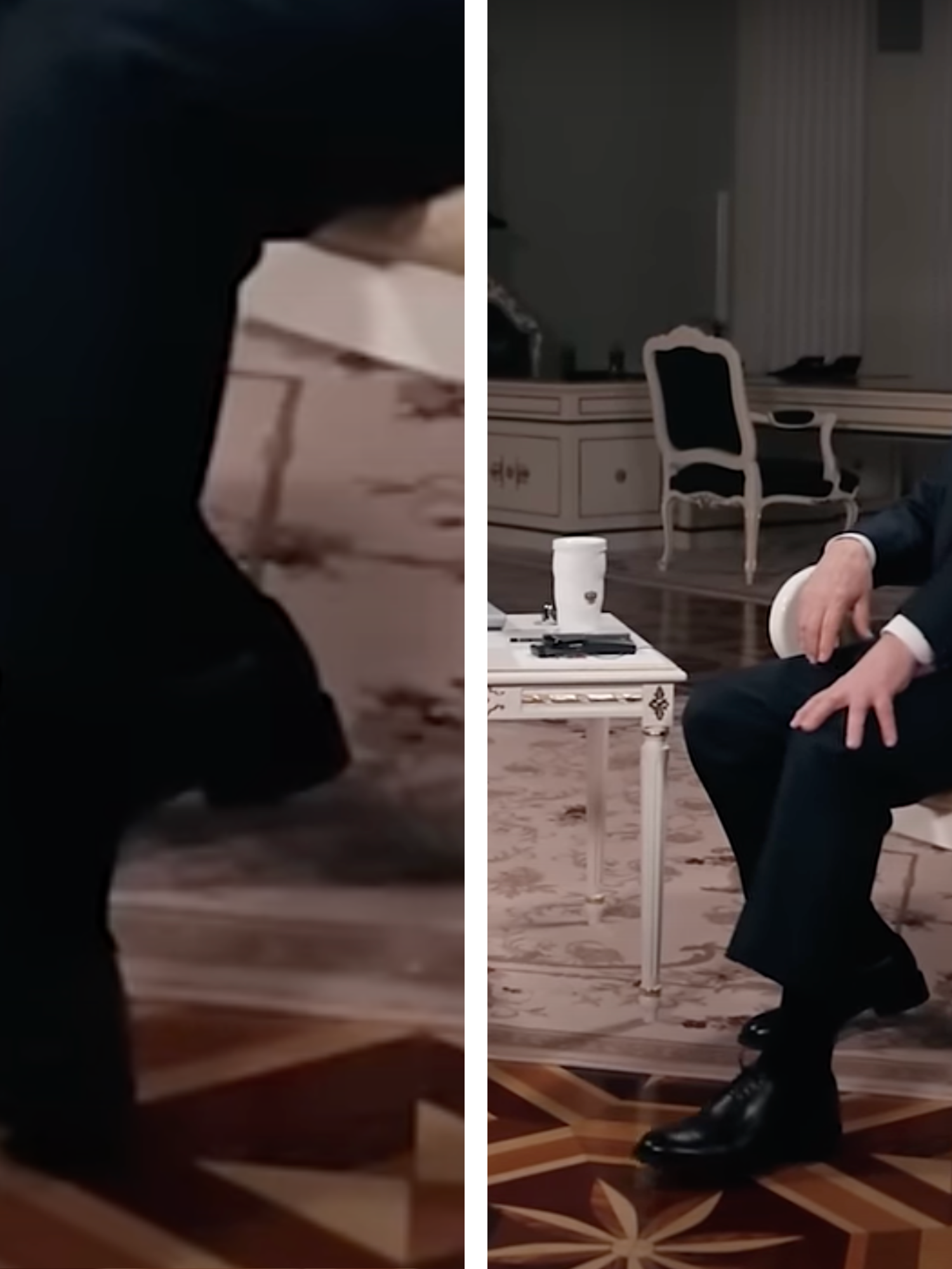 Left, Vladimir Putin's left foot is raised upwards. Right, a wider shot of Vladimir Putin, showing him placing his left hand on his left knee to try and deal with the foot.