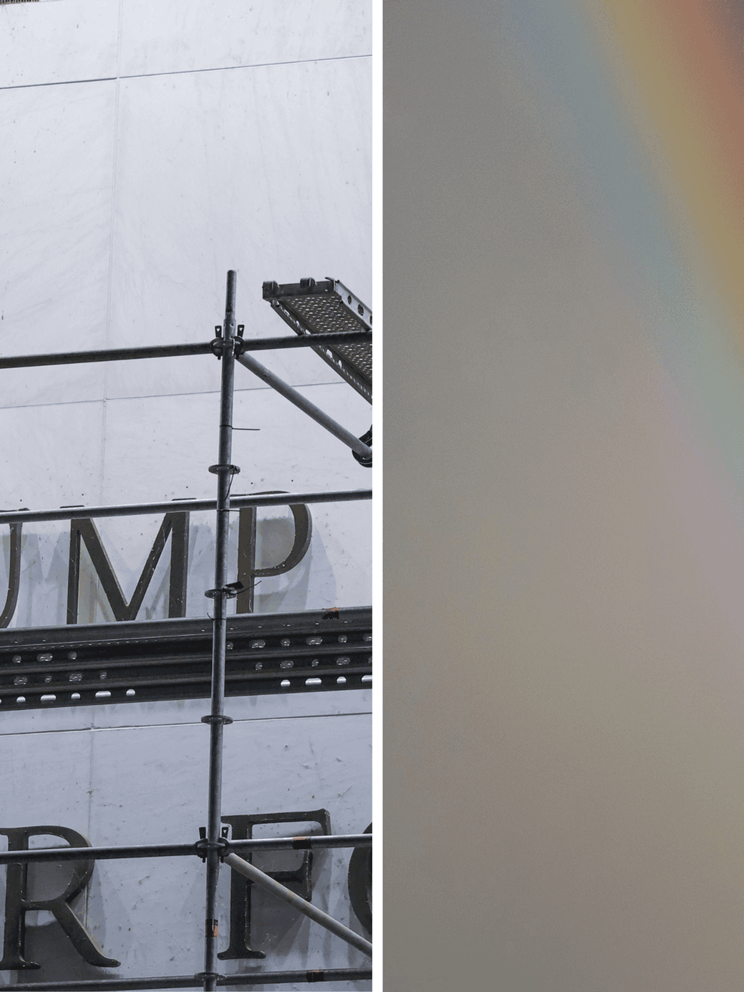 Left,. workers take down lettering from the Kennedy Center. Right, a rainbow in the sky.