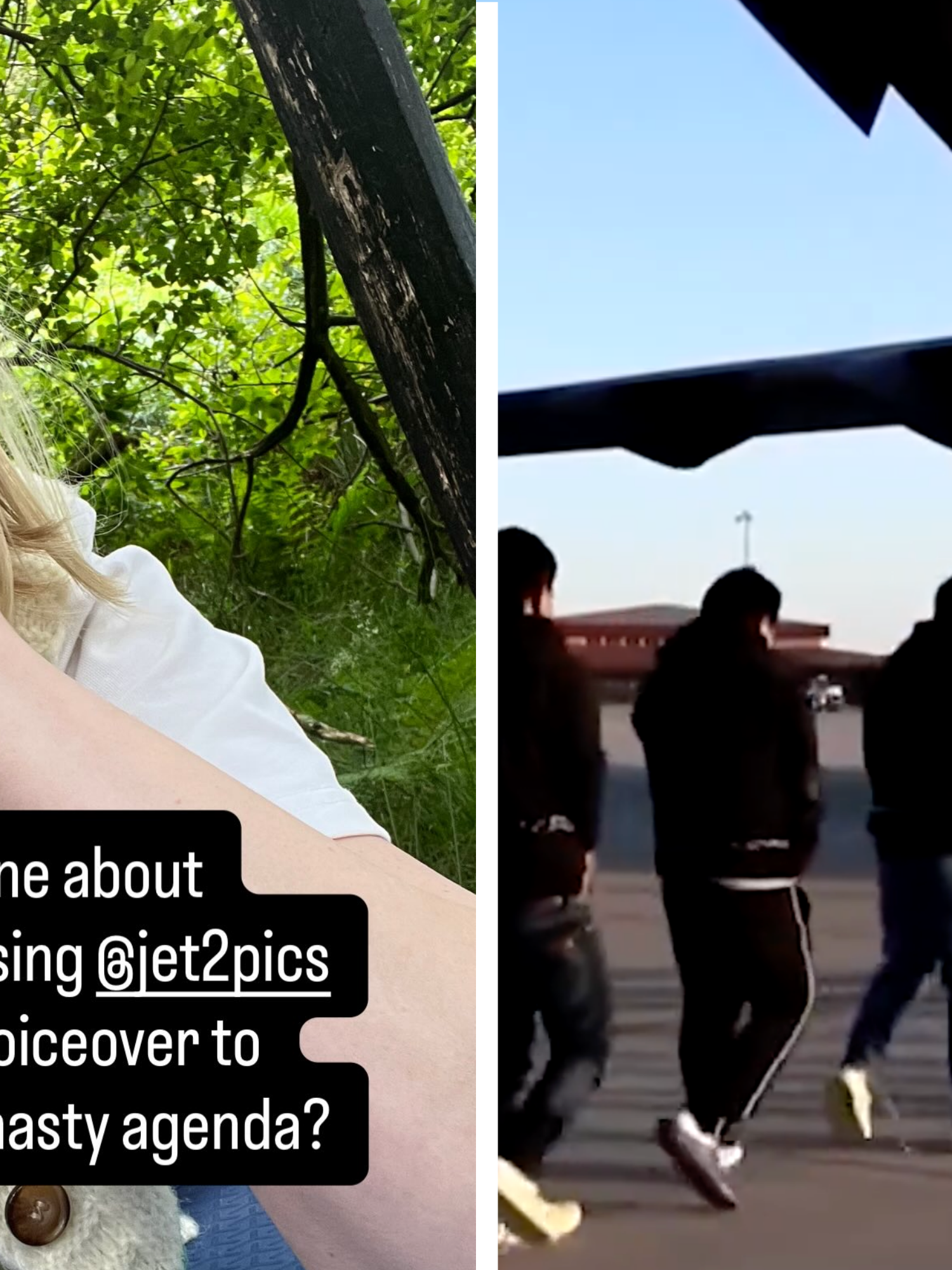 Left, Zoë Lister, a white woman with blonde hair, resting her hand on her hand, with text reading: 'What can be done about @whitehouse using @jet2pics sound and my voiceover to promote their nasty agenda?'. Right, several people walking in a line, boarding a deportation flight.