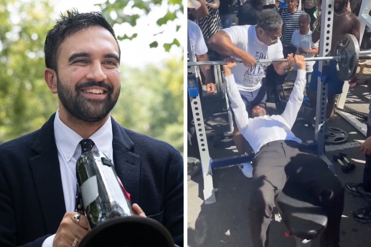 Left, Zohran Mamdani, a bearded brown man with short black hair and a black suit, smiling. Right, Mamdani struggling to bench press some weights, with a Black man spotting and holding the bar with him.