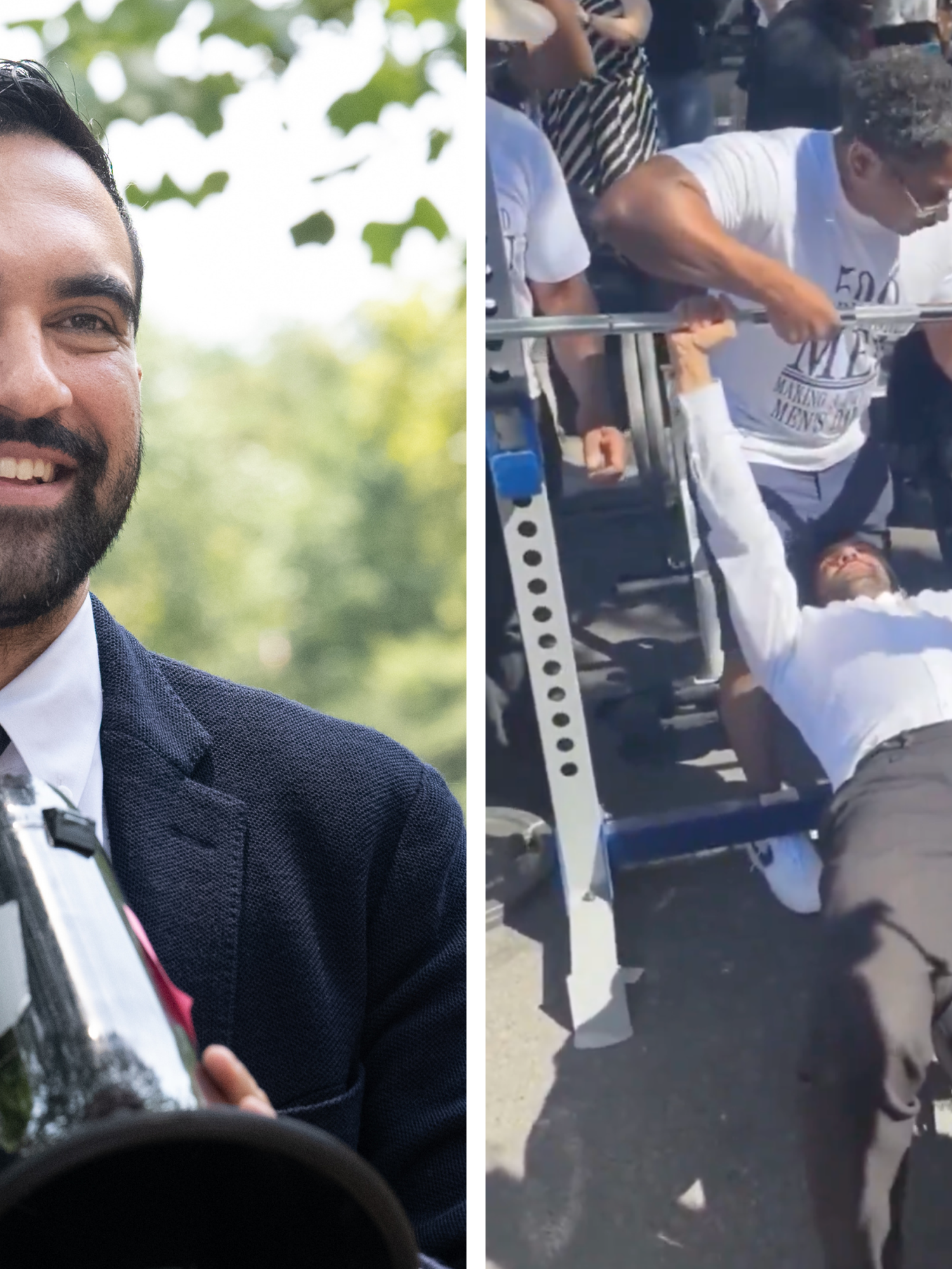 Left, Zohran Mamdani, a bearded brown man with short black hair and a black suit, smiling. Right, Mamdani struggling to bench press some weights, with a Black man spotting and holding the bar with him.