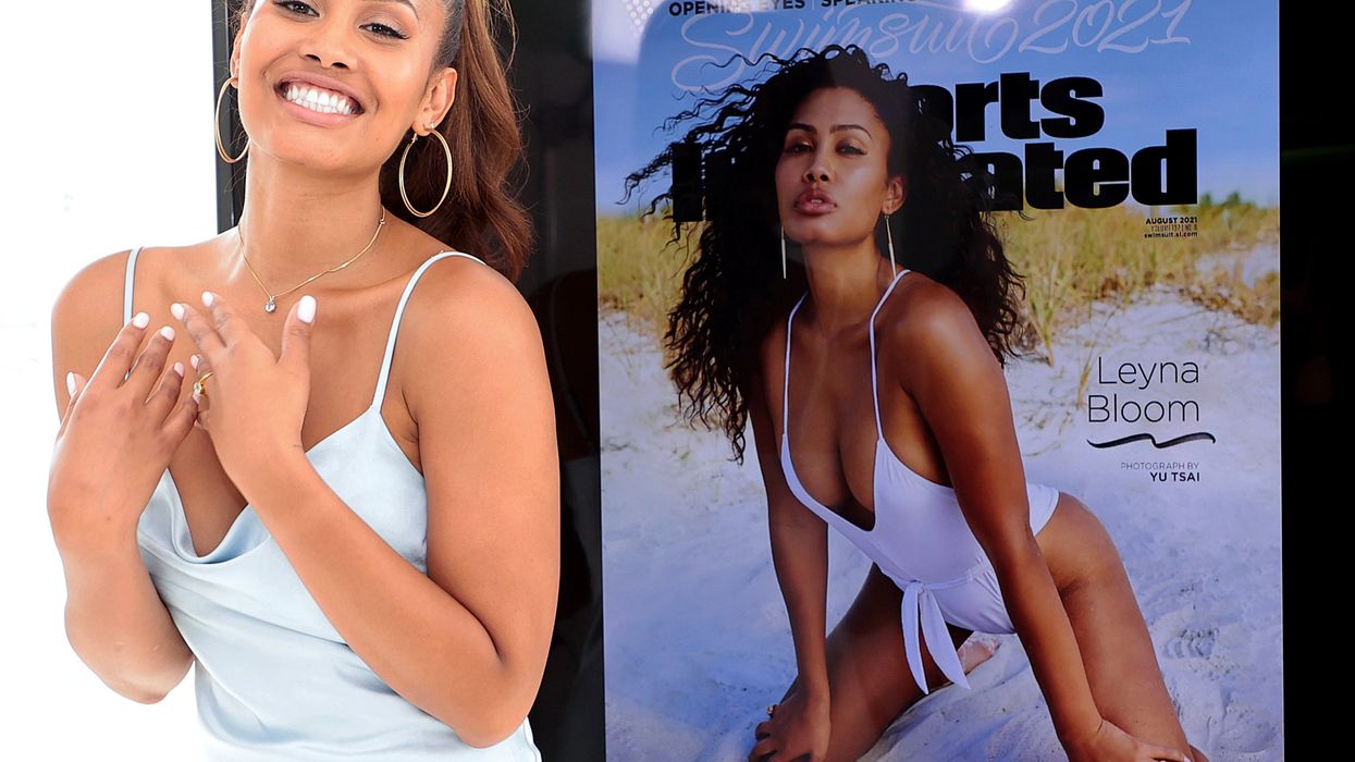 <p>Leyna Bloom poses during the 2021 Sports Illustrated Swimsuit Cover Reveal at Jack Studios on July 13, 2021 in New York City</p>