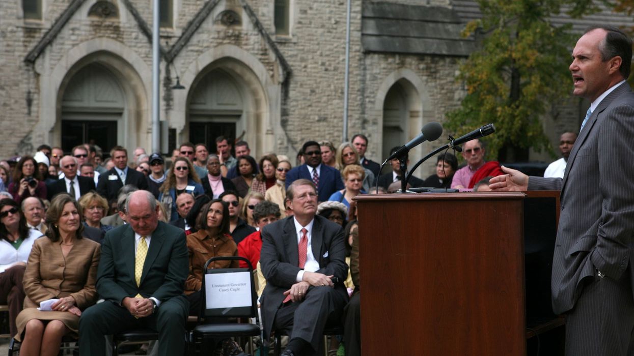 Lieutenant Governor Casey Cagle (R) gives a message to the crowd including Georgia Governor Sonny Perdue and First Lady Mary Perdue (L) during a prayer service for rain on the steps of the Georgia State Capitol in Atlanta, Georgia on November 13, 2007. Picture: