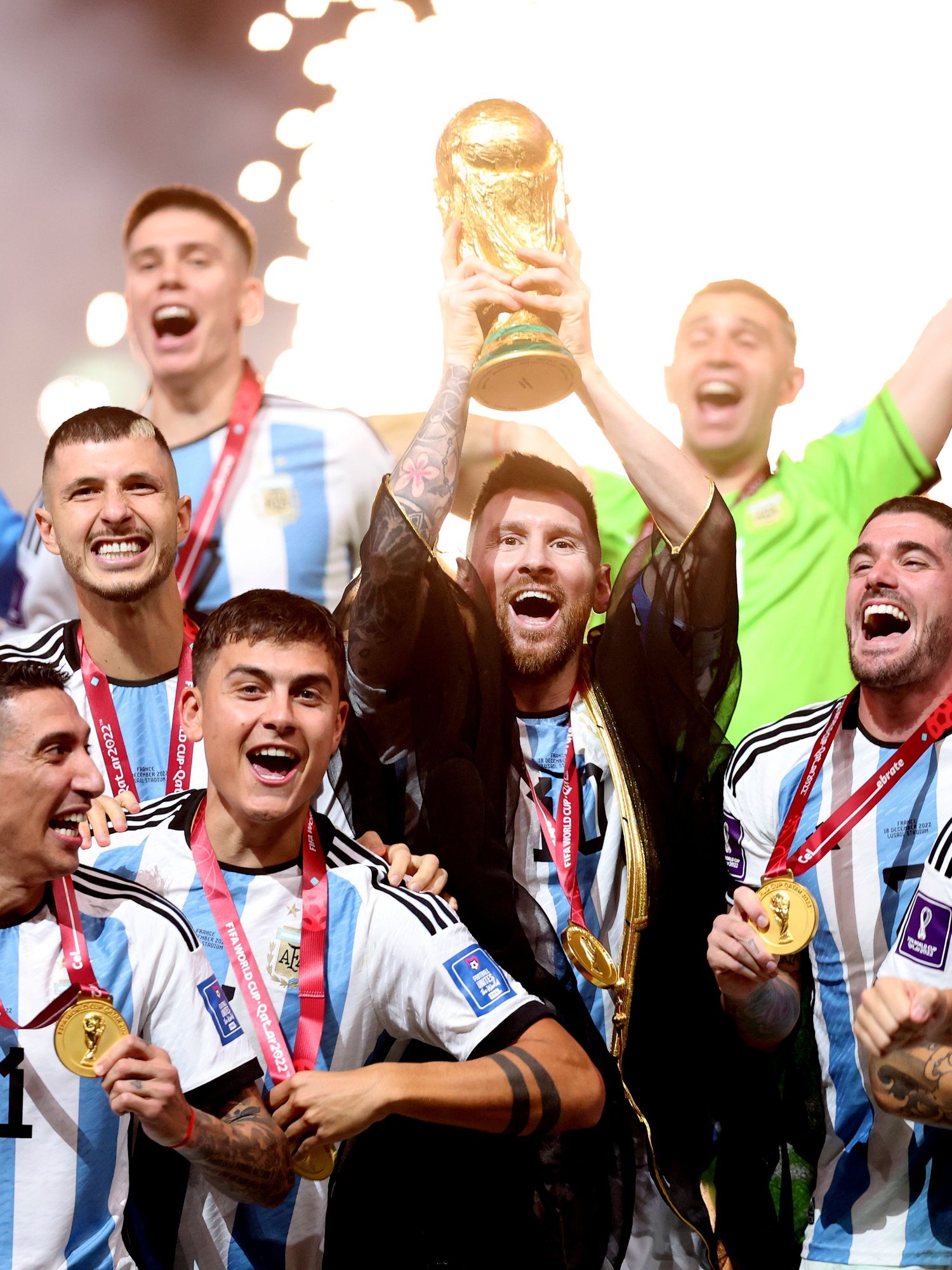 Lionel Messi of Argentina lifts the FIFA World Cup Qatar 2022 Winner's Trophy during the FIFA World Cup Qatar 2022 Final match between Argentina and France at Lusail Stadium on December 18, 2022 in Lusail City, Qatar