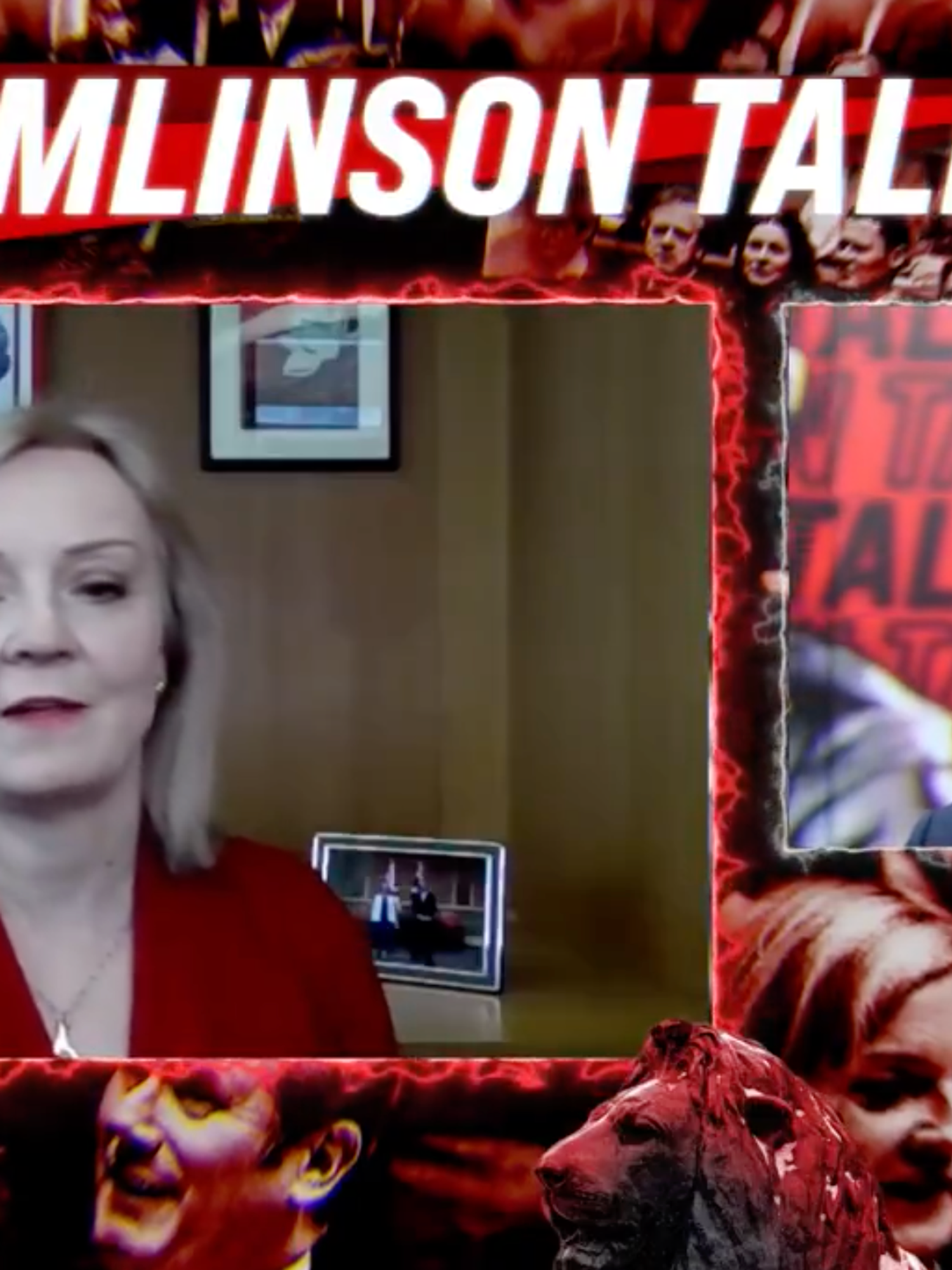 Liz Truss, in a box on the left, appears on a podcast with Carl Tomlinson, in a box on the right, under the banner 'Tomlinson Talks'.
