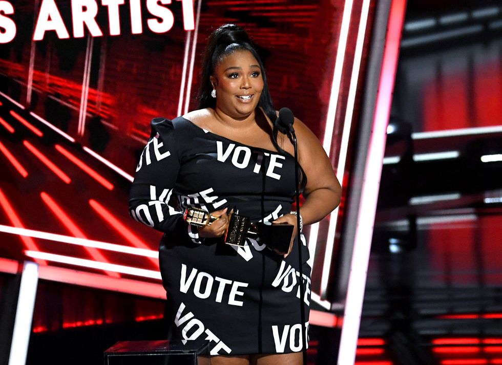 Lizzo on stage at the 2020 Billboard Music Awards