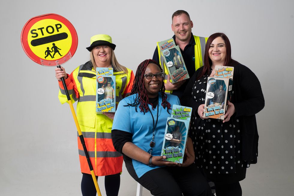Lollipop lady Sandy Cox, care worker Denise King, refuse collector Richard Brace and librarian Emma Braker with their action figures