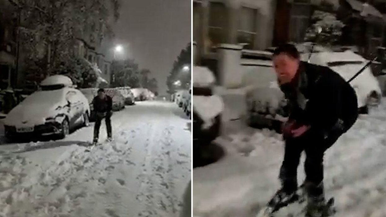 Incredible moment Londoner skis down snow-covered road