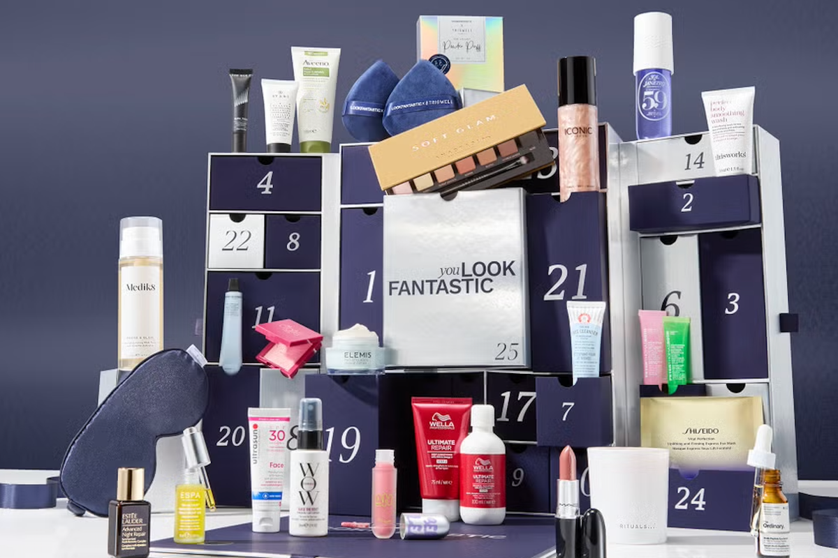 Look Fantastic's blue and silver advent calendar showcases a range of products from the likes of MAC, The Ordinary, Espa, and Iconic London.