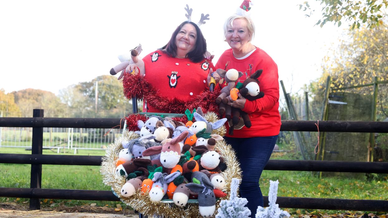 Lottery winners Debra Pearce (left) and Susan Crossland with some of the knitted toys (National Lottery/ PA)