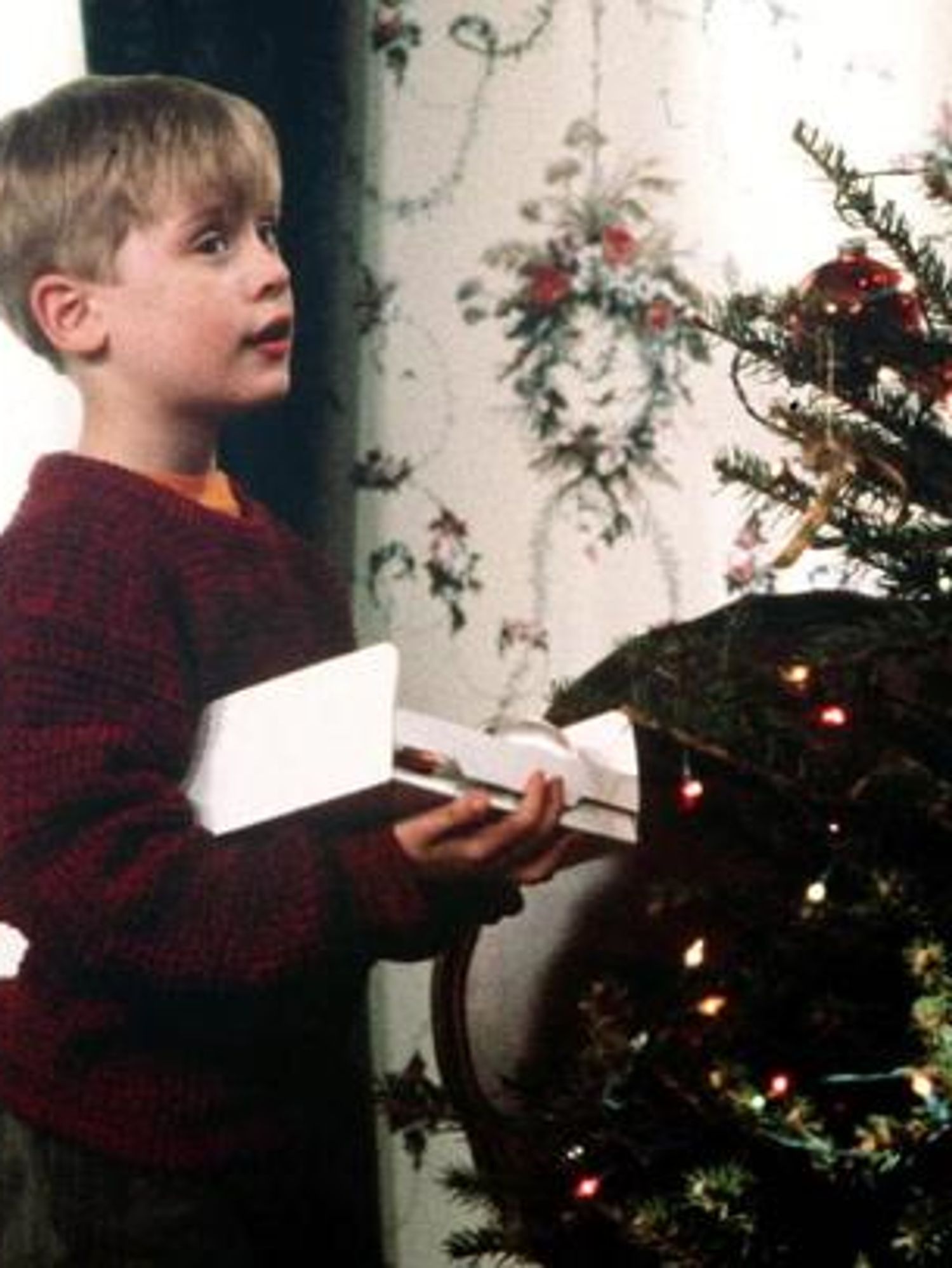 Macaulay Culkin as Kevin McCallister in Home Alone, in his house near a Christmas Tree, with a burglar looking through the window.