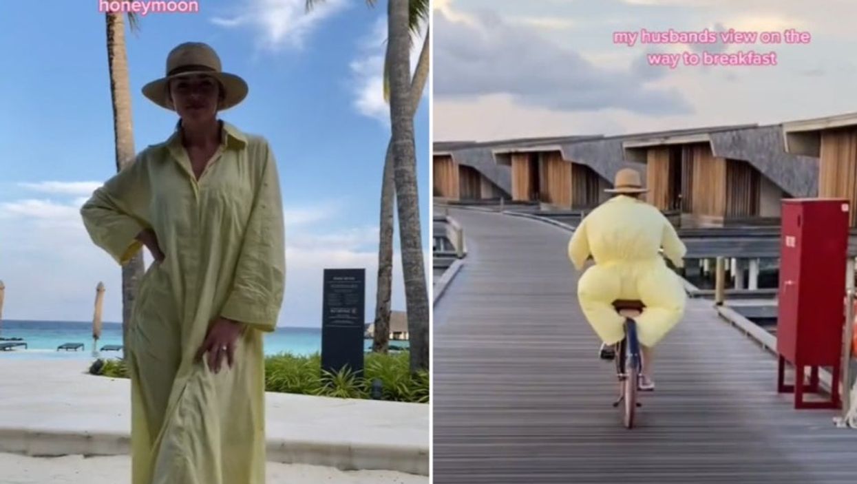 <p>Maddie in her long yellow t-shirt dress before (left) and after riding a bike (right) </p>