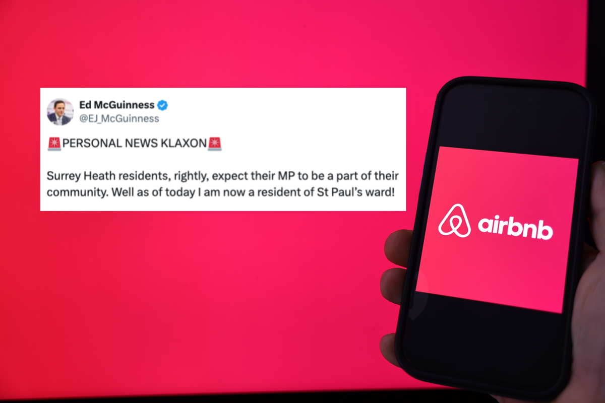 Main image is a phone showing the red Airbnb logo against a red screen. Inset left is a tweet from Ed McGuinness which reads: 'Personal news klaxon. Surrey Heath residents, rightly, expect their MP to be a part of their community. Well as of today I am now a resident of St Paul's ward!'