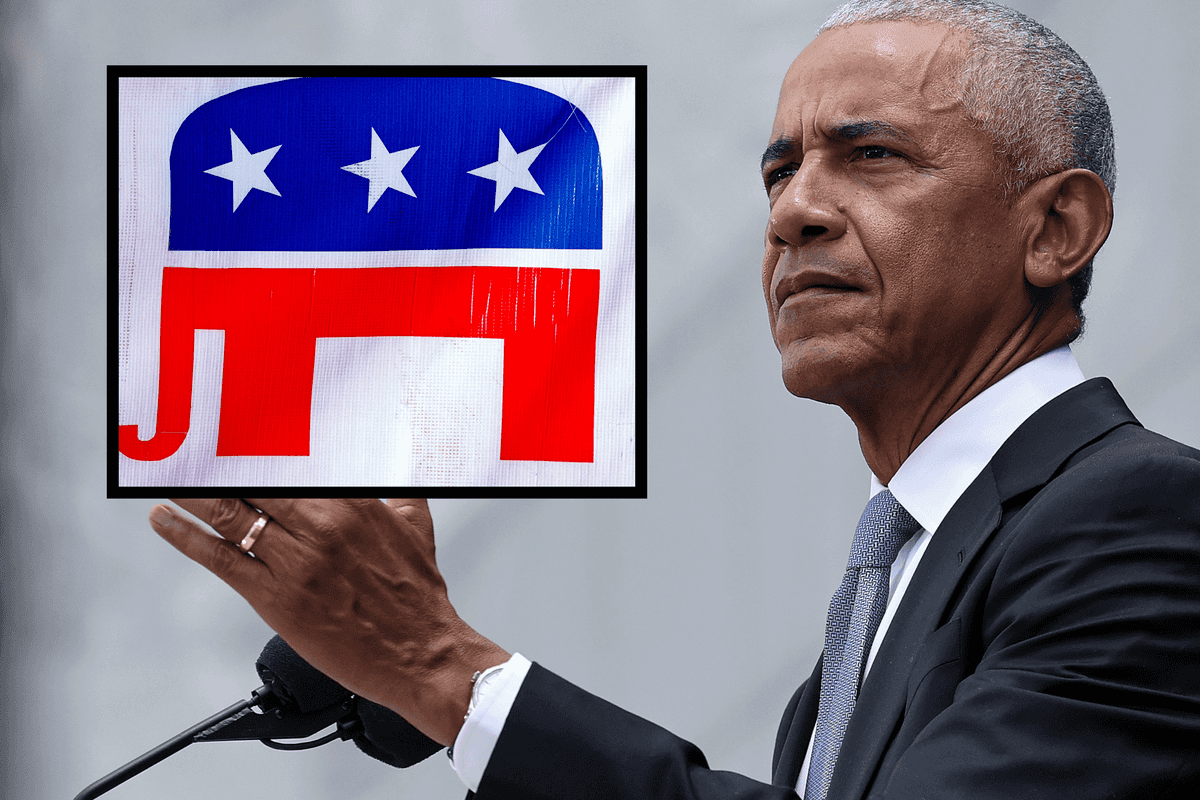 Main image is Barack Obama speaking behind a lectern. Inset top left is the elephant logo of the Republican Party.
