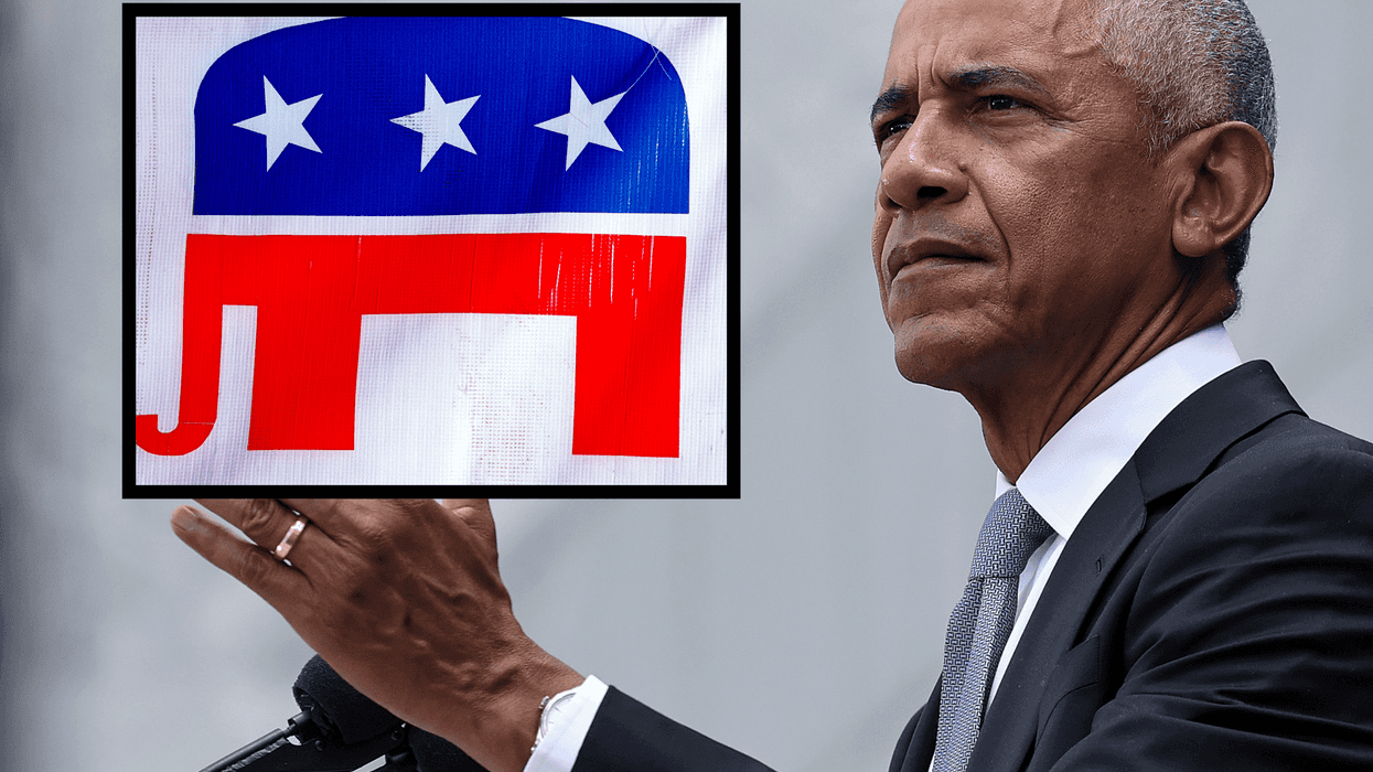 Main image is Barack Obama speaking behind a lectern. Inset top left is the elephant logo of the Republican Party.