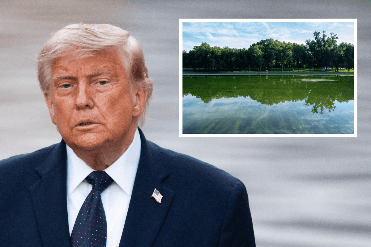 Main image is Donald Trump in a blue suit. Inset top right is a photo of the Reflecting Pool, which has a green colour to it due to algae.