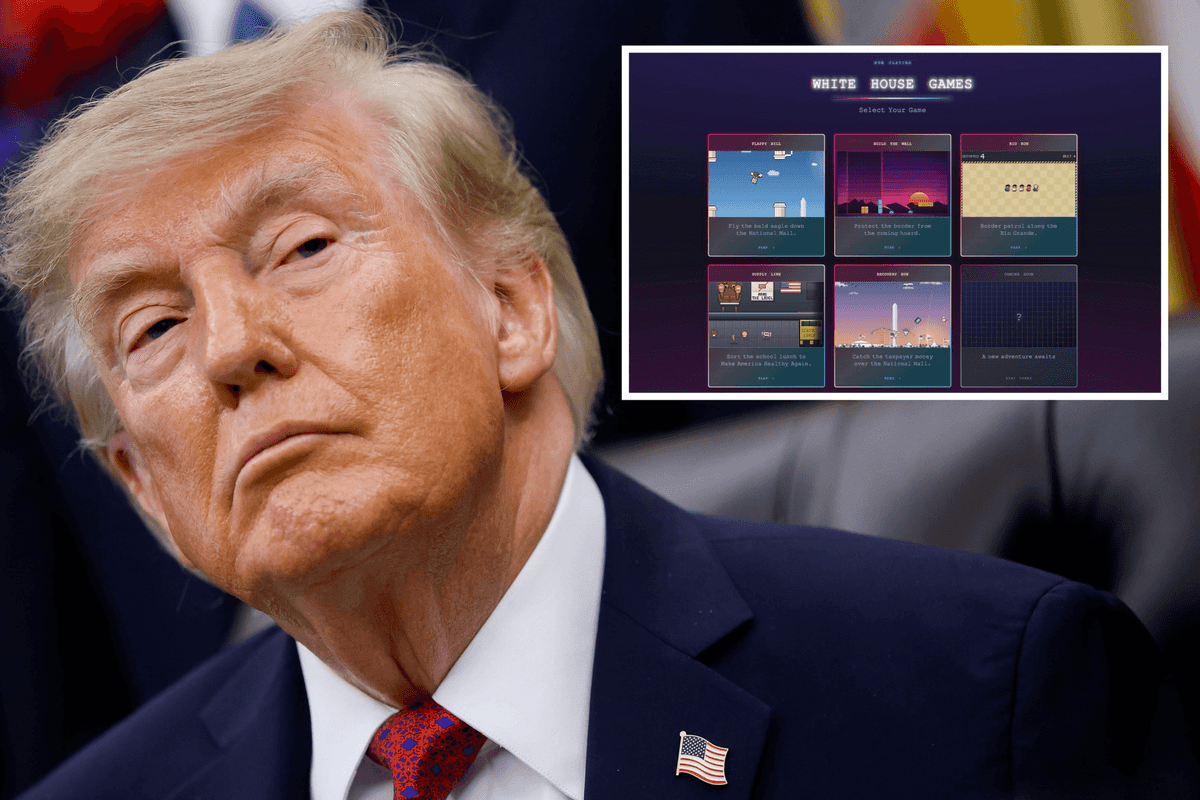 Main image is Donald Trump in the Oval Office looking at something off camera. Inset top right is a screen titled 'White House Games' showing five 8-bit video games to play.