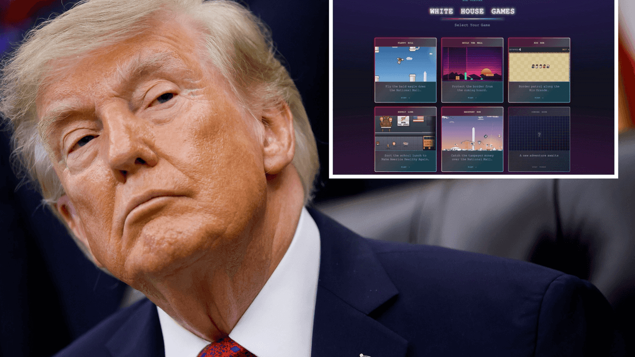 Main image is Donald Trump in the Oval Office looking at something off camera. Inset top right is a screen titled 'White House Games' showing five 8-bit video games to play.