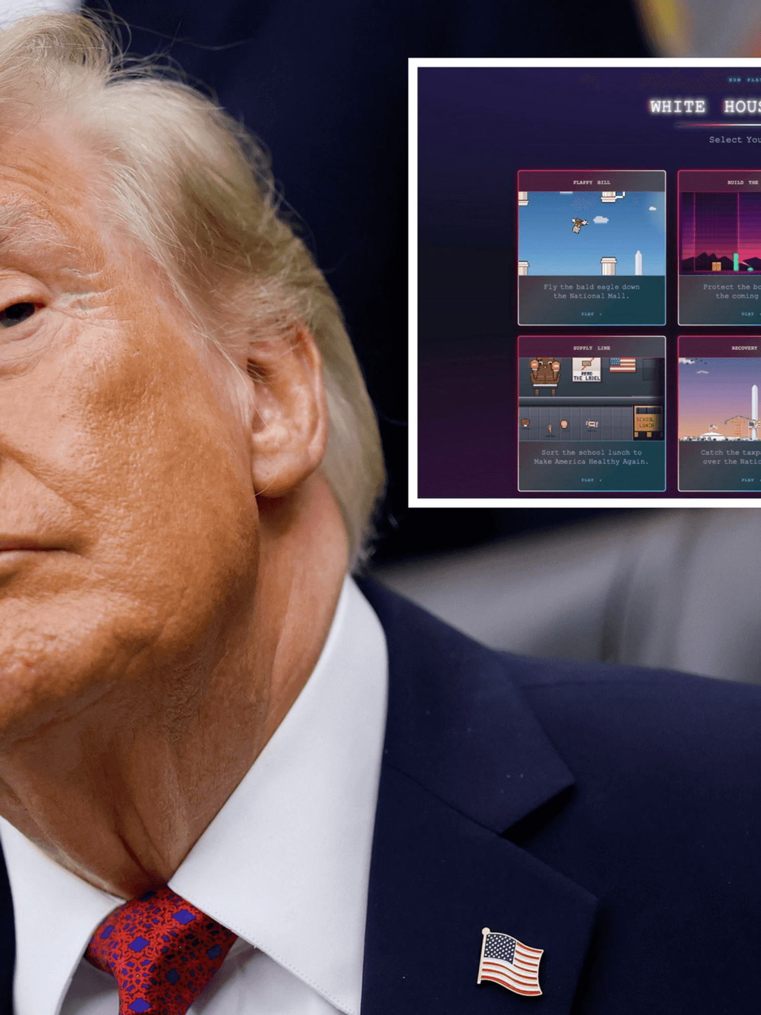 Main image is Donald Trump in the Oval Office looking at something off camera. Inset top right is a screen titled 'White House Games' showing five 8-bit video games to play.