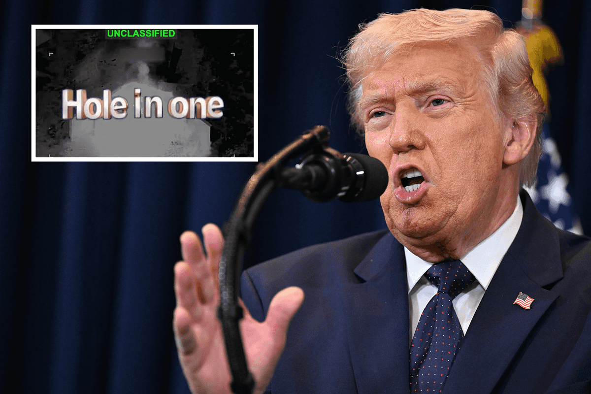 Main image is Donald Trump speaking into a microphone. Inset top left, a black-and-white still of a US drone strike with the text 'hole in one' overlaid on top.
