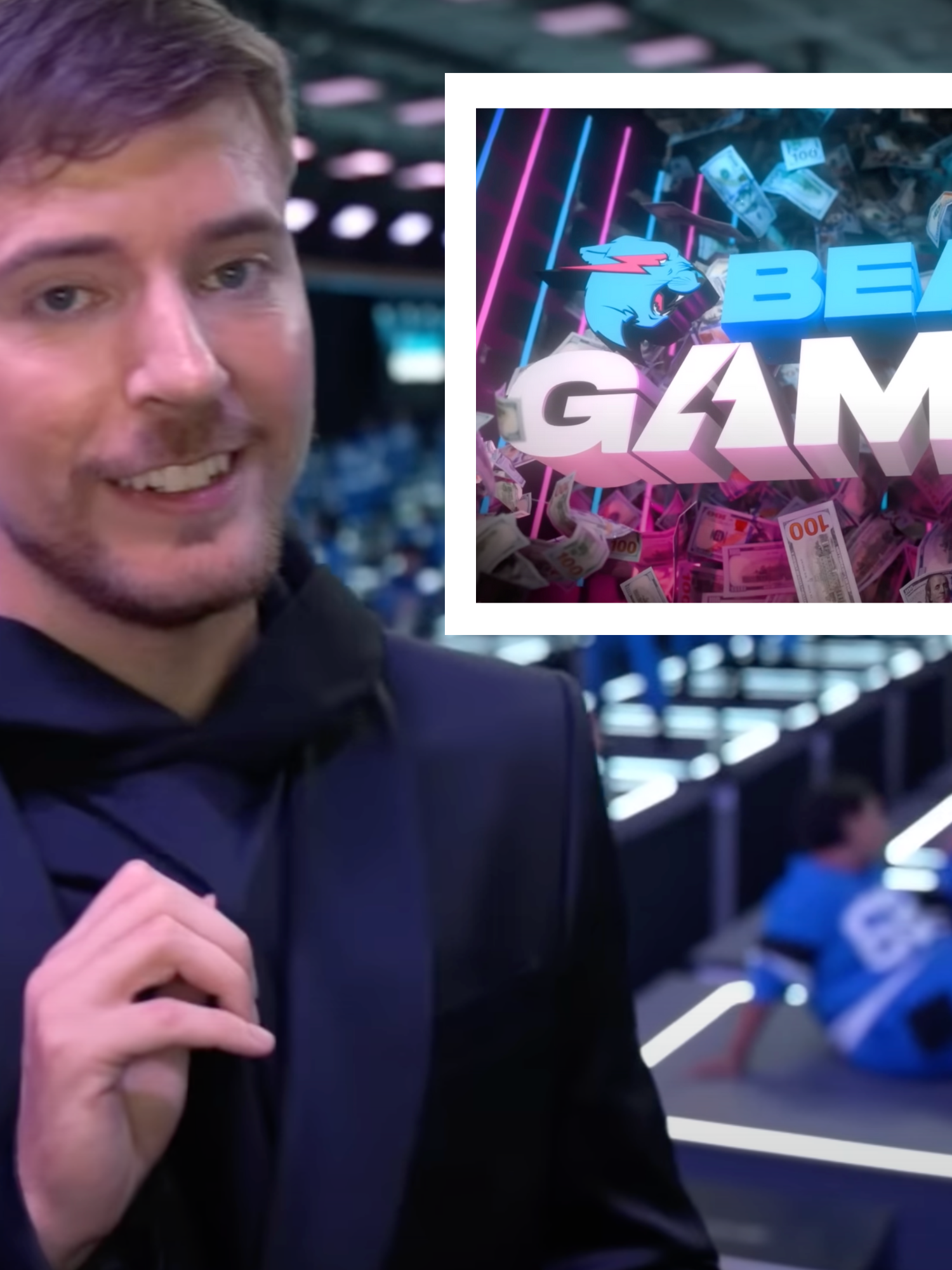 Main image is MrBeast in a black suit jacket. Inset top right, a text logo for Beast Games.