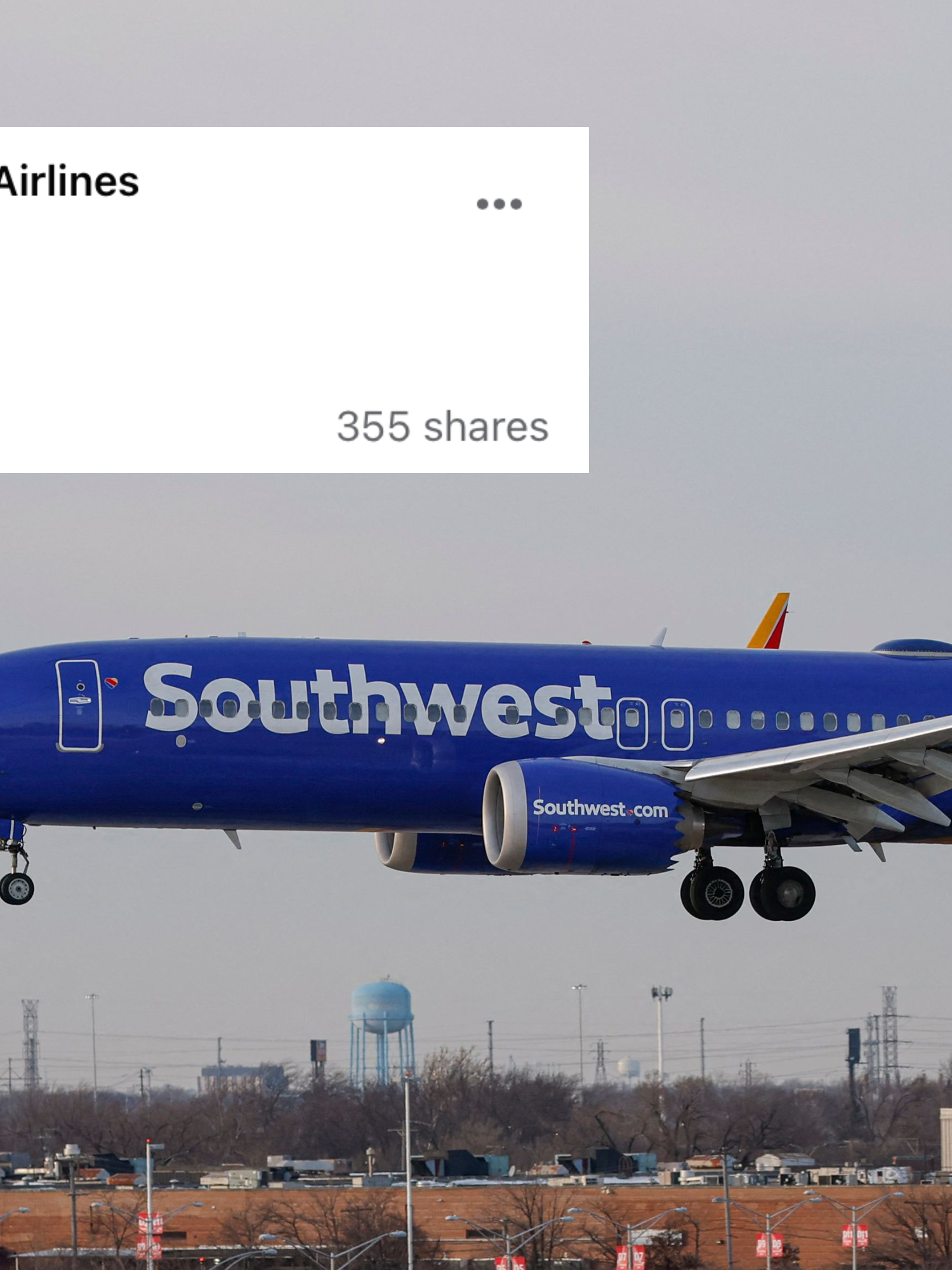 Main image is of a blue Southwest Airlines plane. Overlaid in the top left is a Facebook post update from Southwest Airlines with laugh and angry reacts.