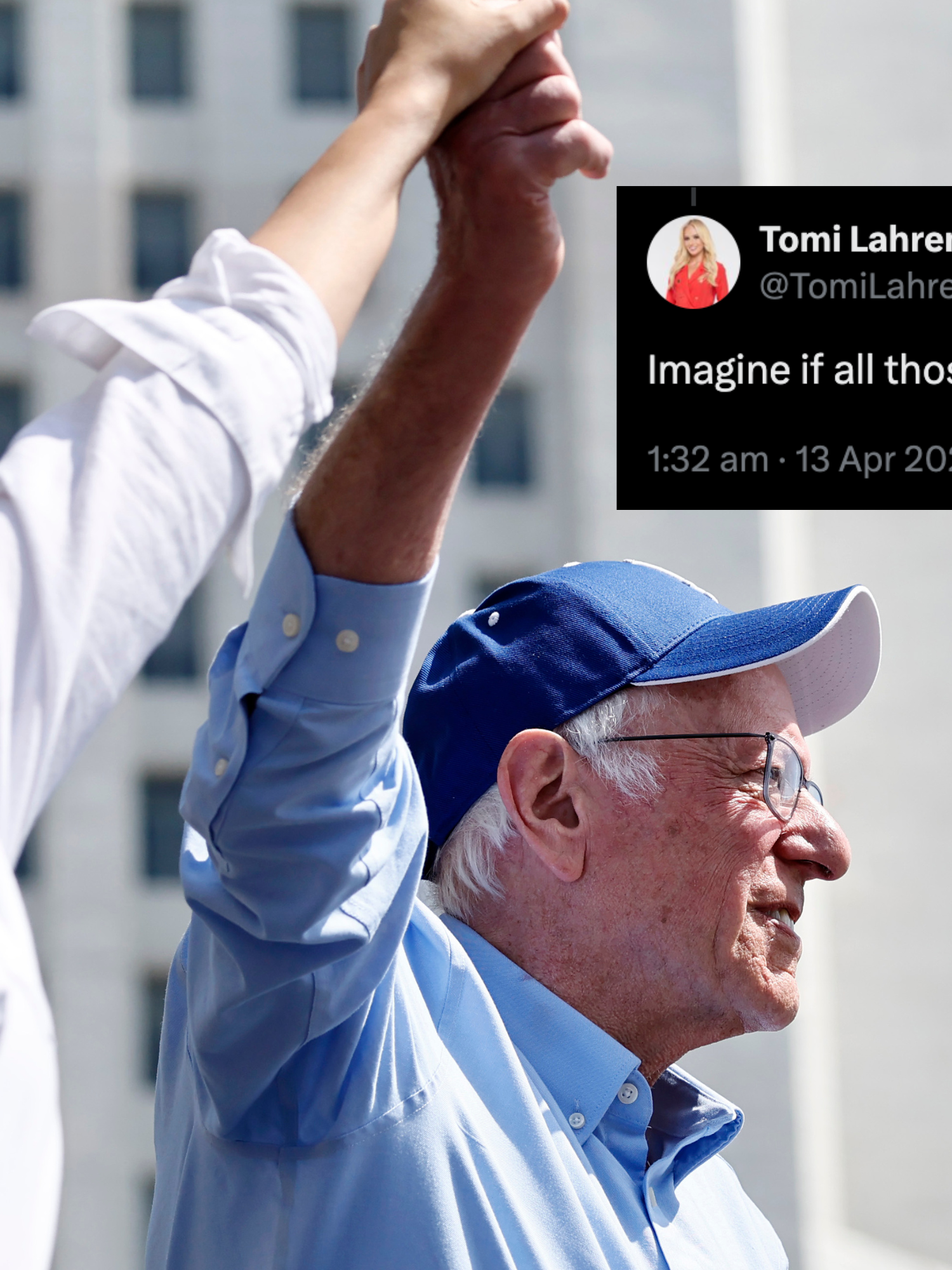Main image is of Alexandria Ocasio-Cortez, left, and Bernie Sanders, middle, raising a hand in the air together. Inset right, a tweet reads: 'Imagine if all those people got jobs.'