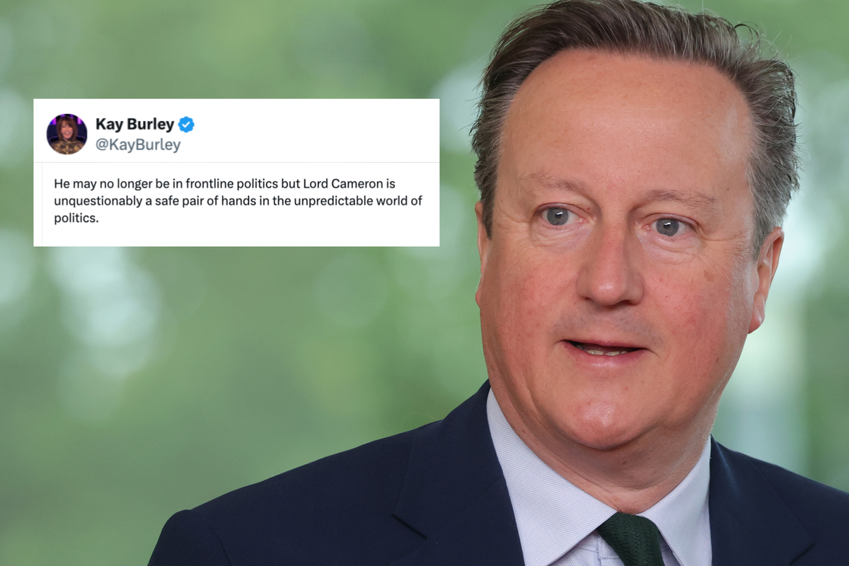 Main image is of David Cameron, a white man in a navy suit with short black hair. Inset left, a tweet from Kay Burley reads: 'He may no longer be in frontline politics but Lord Cameron is unquestionably a safe pair of hands in the unpredictable world of politics.'