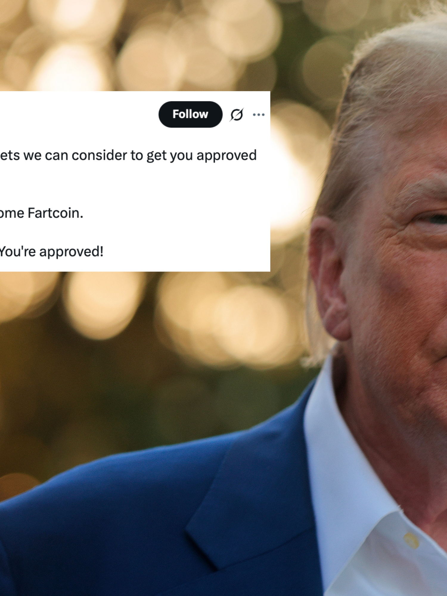 Main image is of Donald Trump in a blue suit and white collared shirt. Inset top left, a tweet from Douglas A. Boneparth reads: 'Bank: Are there any other assets we can consider to get you approved for a mortgage? Customer: Well, we do own some Fartcoin. Bank: Why didn't you say so. You're approved!'