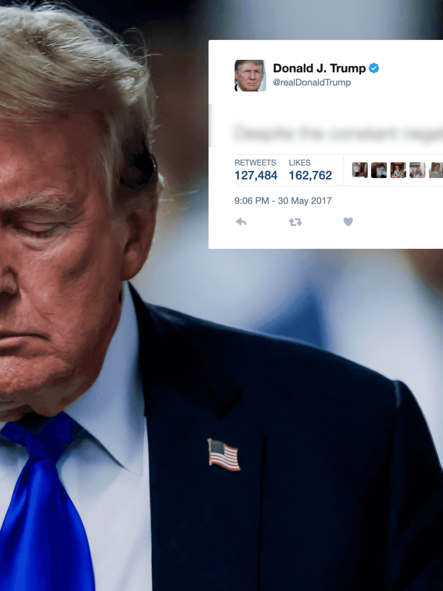Main image is of Donald Trump in a suit frowning and looking down, while inset top right is a blurred tweet from Donald J. Trump.