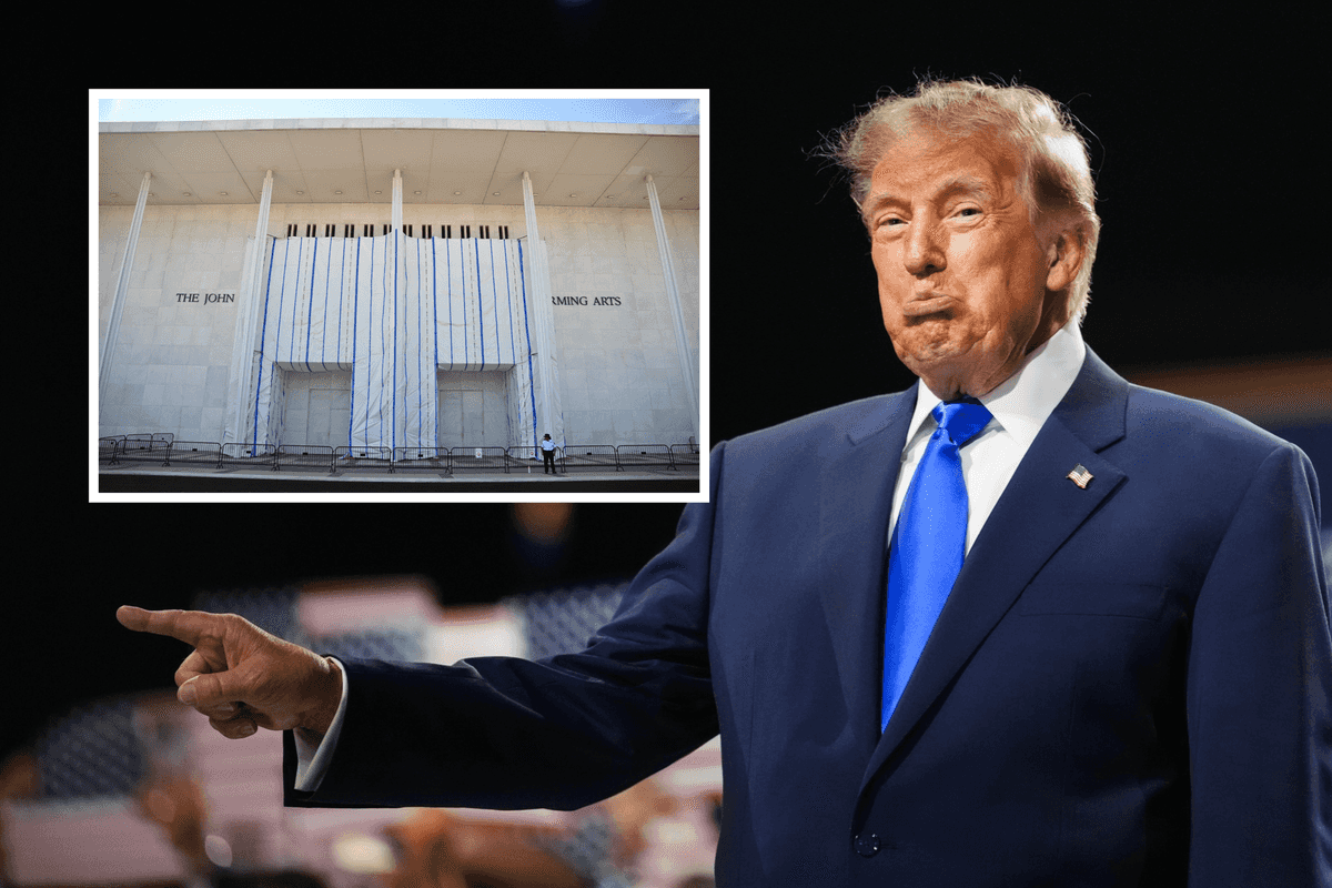 Main image is of Donald Trump on a stage, pointing at something off-stage and pushing out his bottom lip. Inset top left is the exterior of the Kennedy Center, covered with tarpaulin.