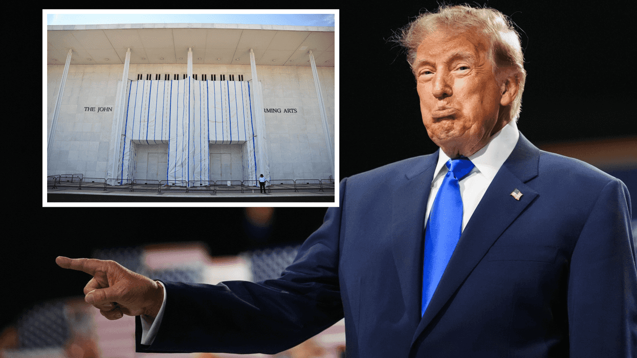 Main image is of Donald Trump on a stage, pointing at something off-stage and pushing out his bottom lip. Inset top left is the exterior of the Kennedy Center, covered with tarpaulin.