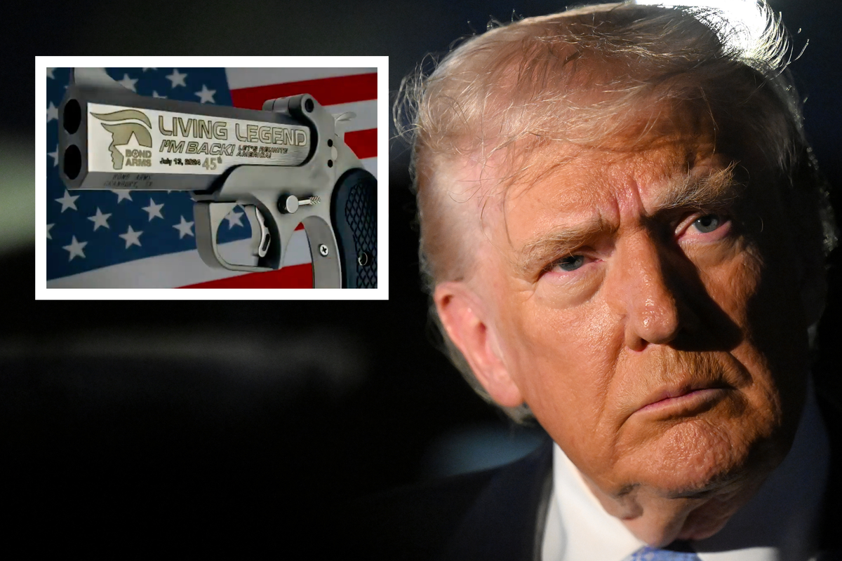 Main image is of Donald Trump with a neutral expression on his face. Inset left is a grey pistol with the words 'Living Legend. I'm Back!' inscribed on the side.