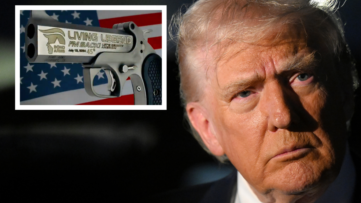 Main image is of Donald Trump with a neutral expression on his face. Inset left is a grey pistol with the words 'Living Legend. I'm Back!' inscribed on the side.