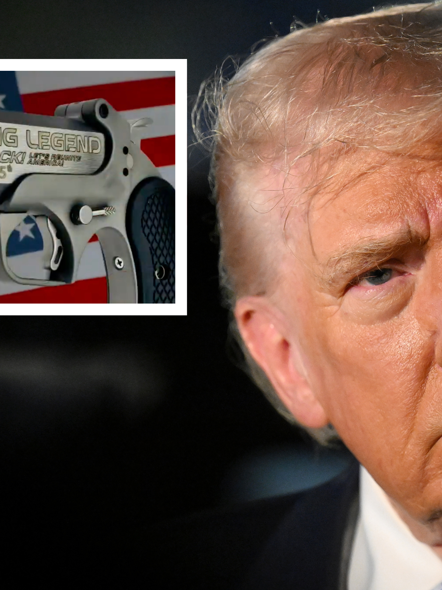 Main image is of Donald Trump with a neutral expression on his face. Inset left is a grey pistol with the words 'Living Legend. I'm Back!' inscribed on the side.