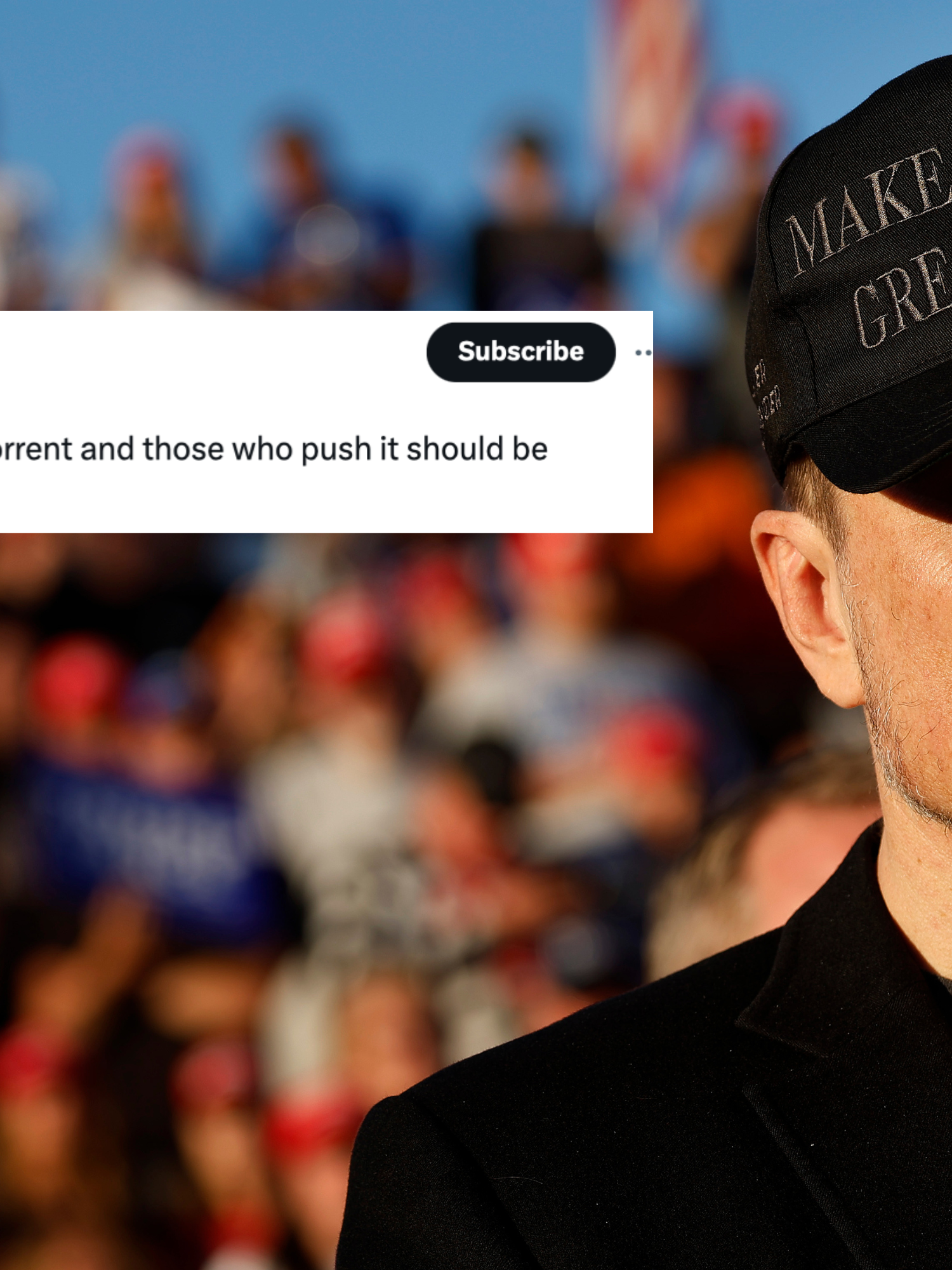 Main image is of Elon Musk at a Donald Trump rally, wearing a black 'Make America Great Again' cap. Inset left, a tweet from Elon reads: 'Racism in any form is abhorrent and those who push it should be shunned'.
