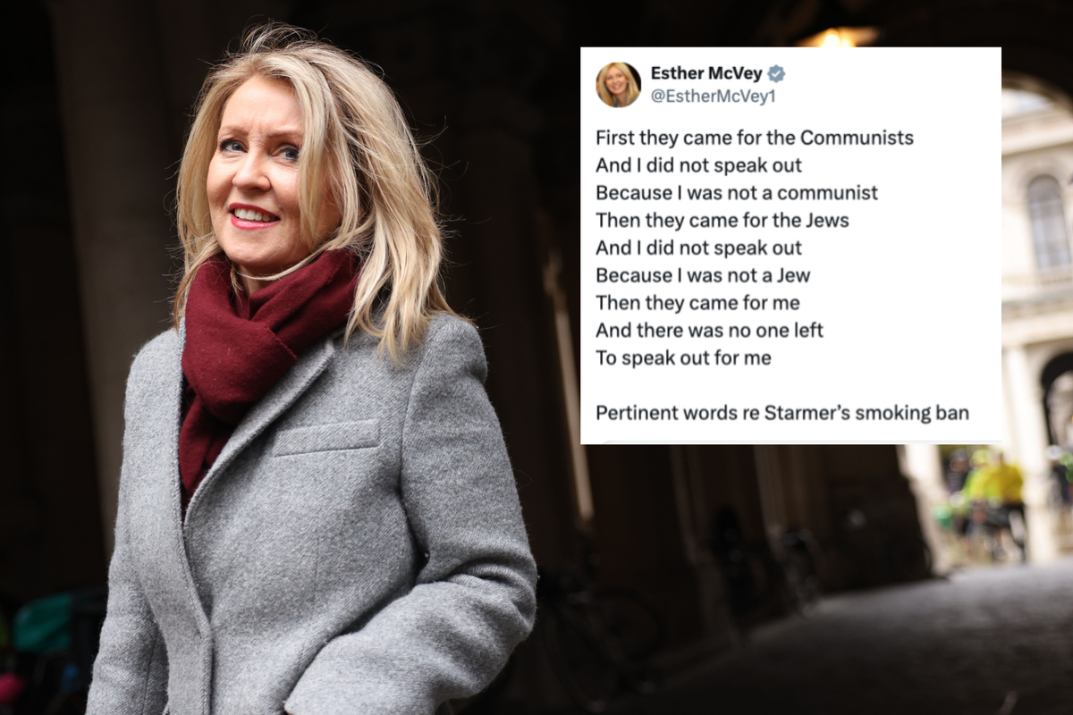 Main image is of Esther McVey walking to a cabinet meeting, wearing a grey coat and smiling. Inset right, a tweet from Esther reads: 'First they came for the Communists / And I did not speak out / Because I was not a communist / Then they came for the Jews / And I did not speak out / Because I was not a Jew / Then they came for me / And there was no one left / To speak out for me. Pertinent words re Starmer’s smoking ban.'