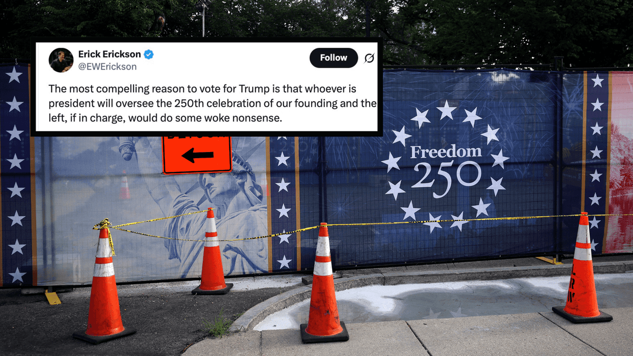 Main image is of Freedom 250 fencing and orange cones at the Great American State Fair. Inset top left is a tweet from Erick Erickson which reads: 'The most compelling reason to vote for Trump is that whoever is president will oversee the 250th celebration of our founding and the left, if in charge, would do some woke nonsense.'