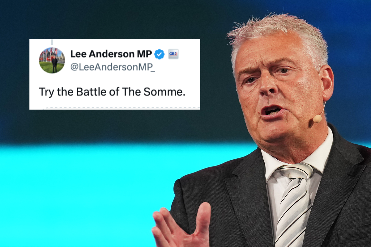 Main image is of Lee Anderson speaking at a conference. Inset left, a tweet from Lee reads: 'Try the Battle of the Somme'.