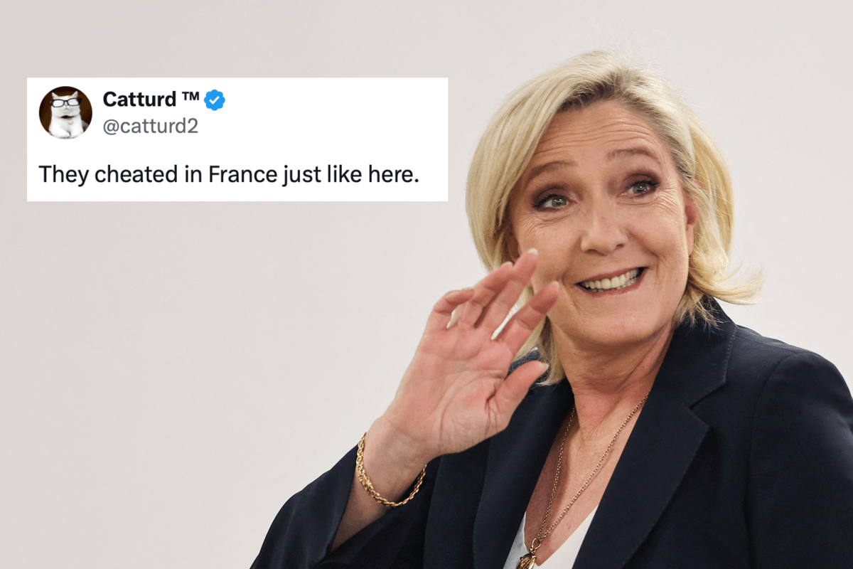 Main image is of Marine Le Pen smiling and waving. Inset left is a tweet from Catturd which reads: 'They cheated in France just like here.'