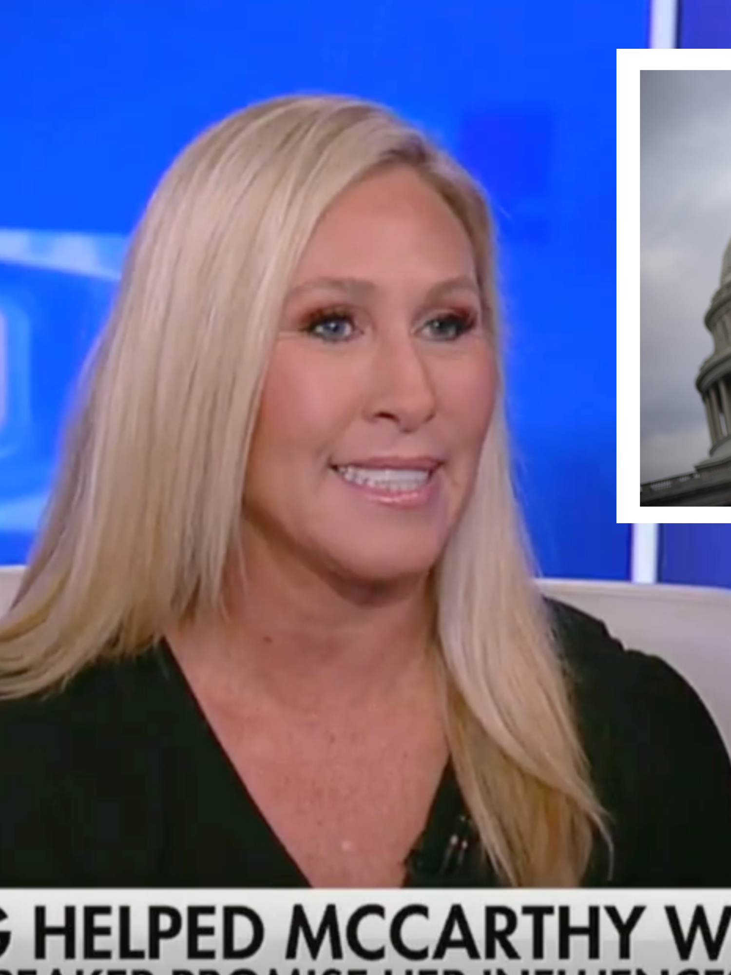Main image is of Marjorie Taylor Greene, a whit3e woman with long blonde hair, on Fox News. Right inset is a blue placard with a red 'Q" on it and a US flag above it. The Capitol building is in the background behind it.