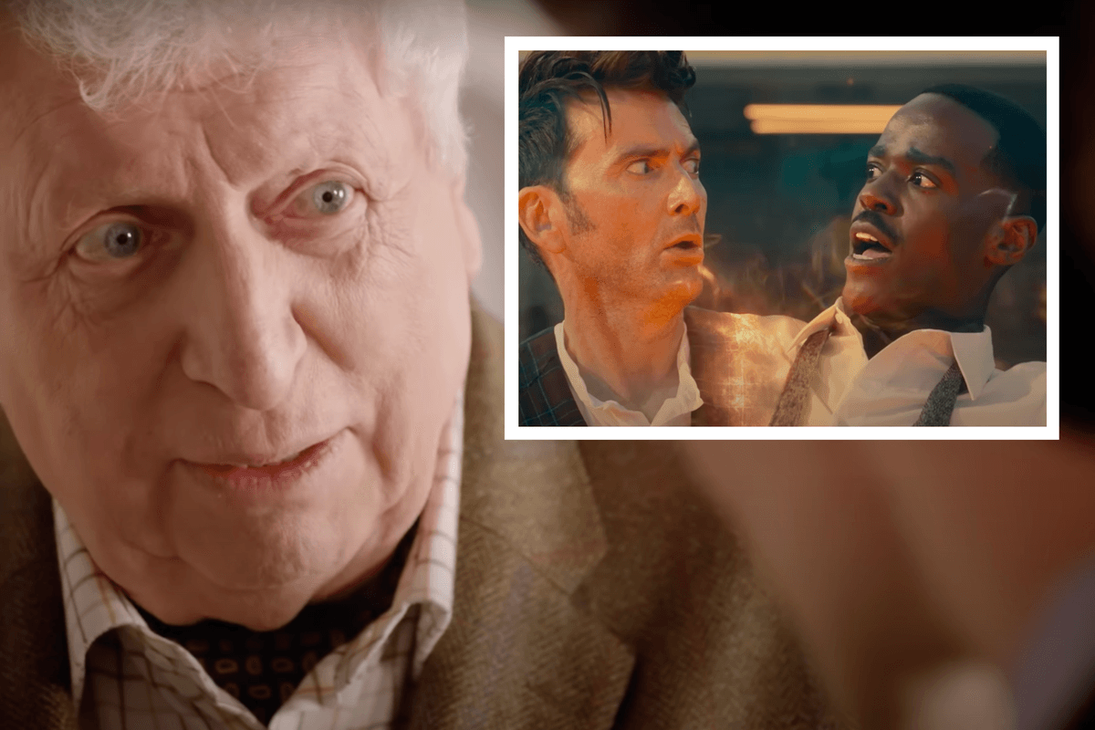 Main image is of Tom Baker as The Curator, a white man with short white hair. Inset right, David Tennant and Ncuti Gatwa look at each other in shock in a still from Doctor Who's 'The Giggle'.