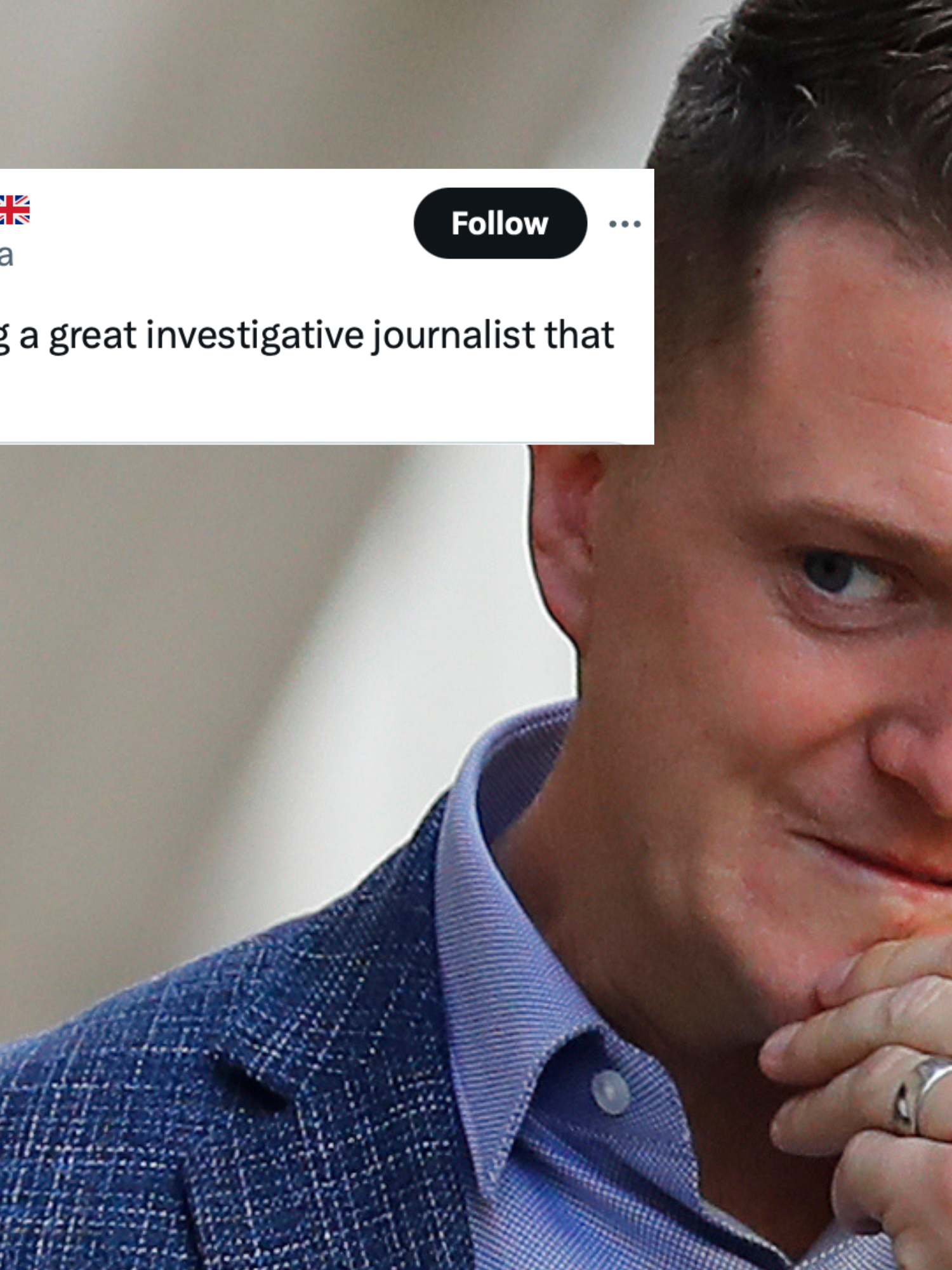 Main image is of Tommy Robinson in a blue suit, stroking his chin. Inset top left is a tweet from Robinson which reads: 'All I am guilty of is being a great investigative journalist that they can't control'.