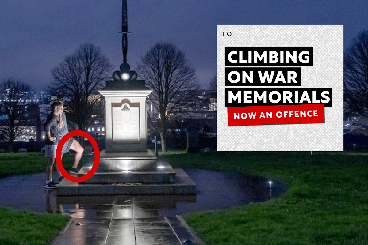 Main image shows Rishi Sunak and Johnny Mercer in the distance standing next to a war memorial in the early hours of the morning, with Mercer placing one foot on the step of the monument. Inset top right, a No 10 graphic which reads: 'Climbing on war memorials now an offence'.